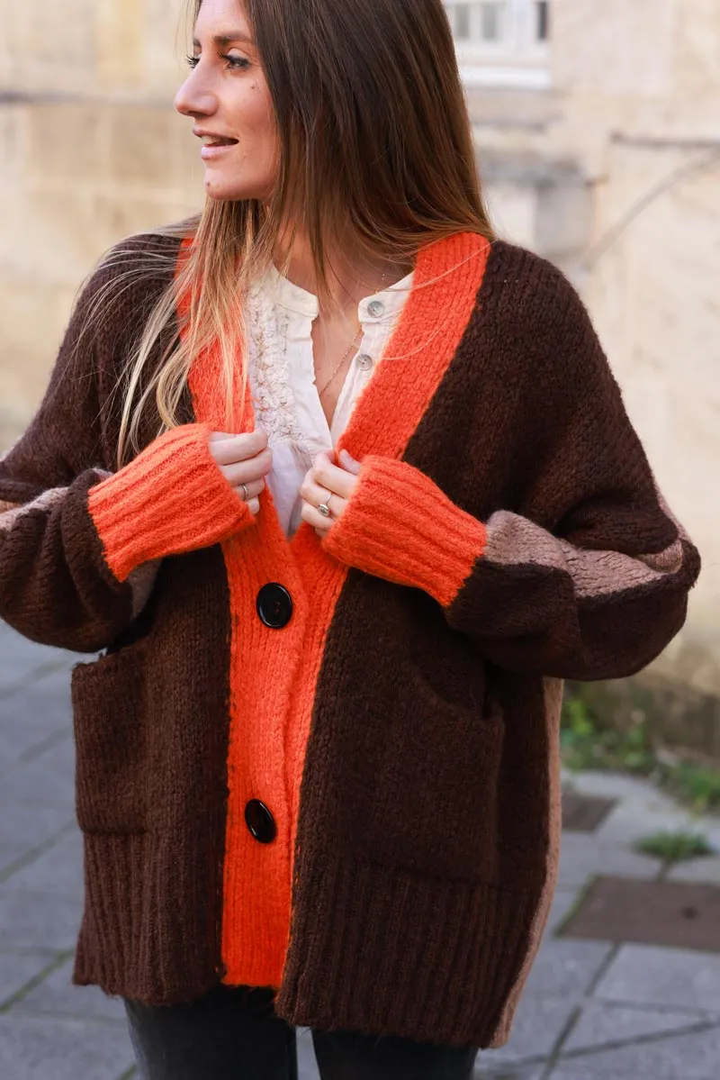 Gilet loose en maille mohair tricolore marron camel et orange