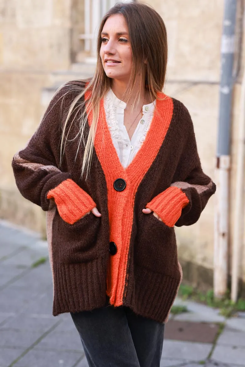 Gilet loose en maille mohair tricolore marron camel et orange