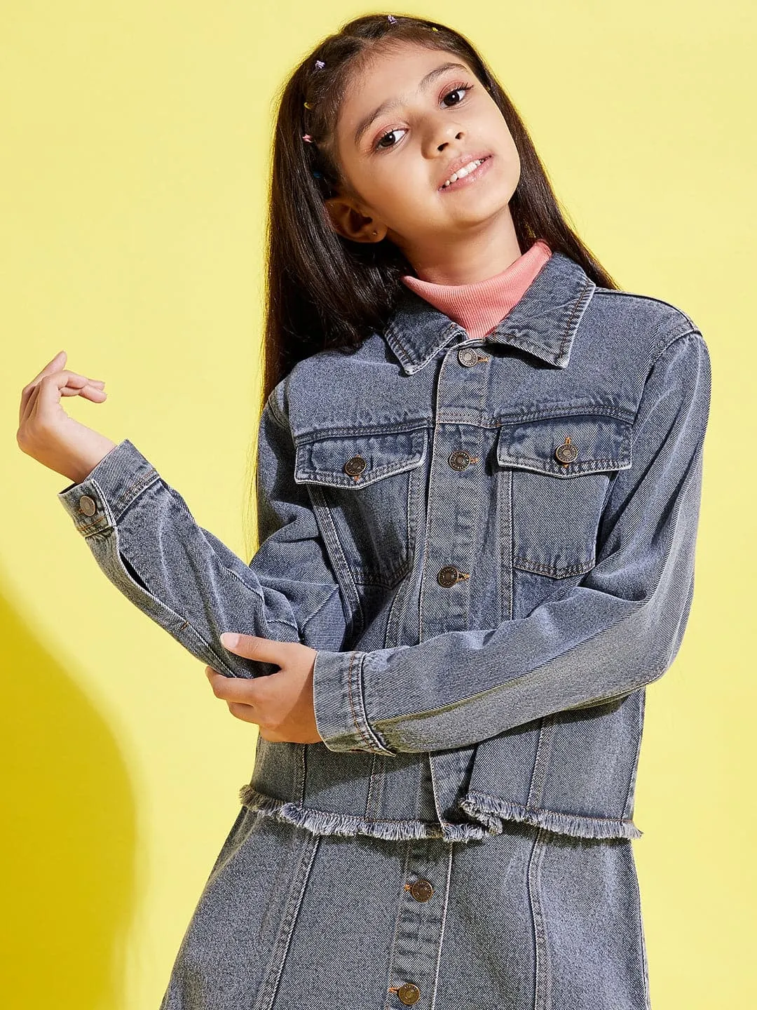 Girls Grey Acid Wash Raw Hem Denim Crop Jacket