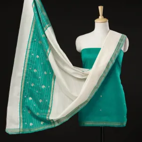 Green - 3pc Chanderi Silk Handloom Zari Buti Suit Material Set with Nakshi Zari Border