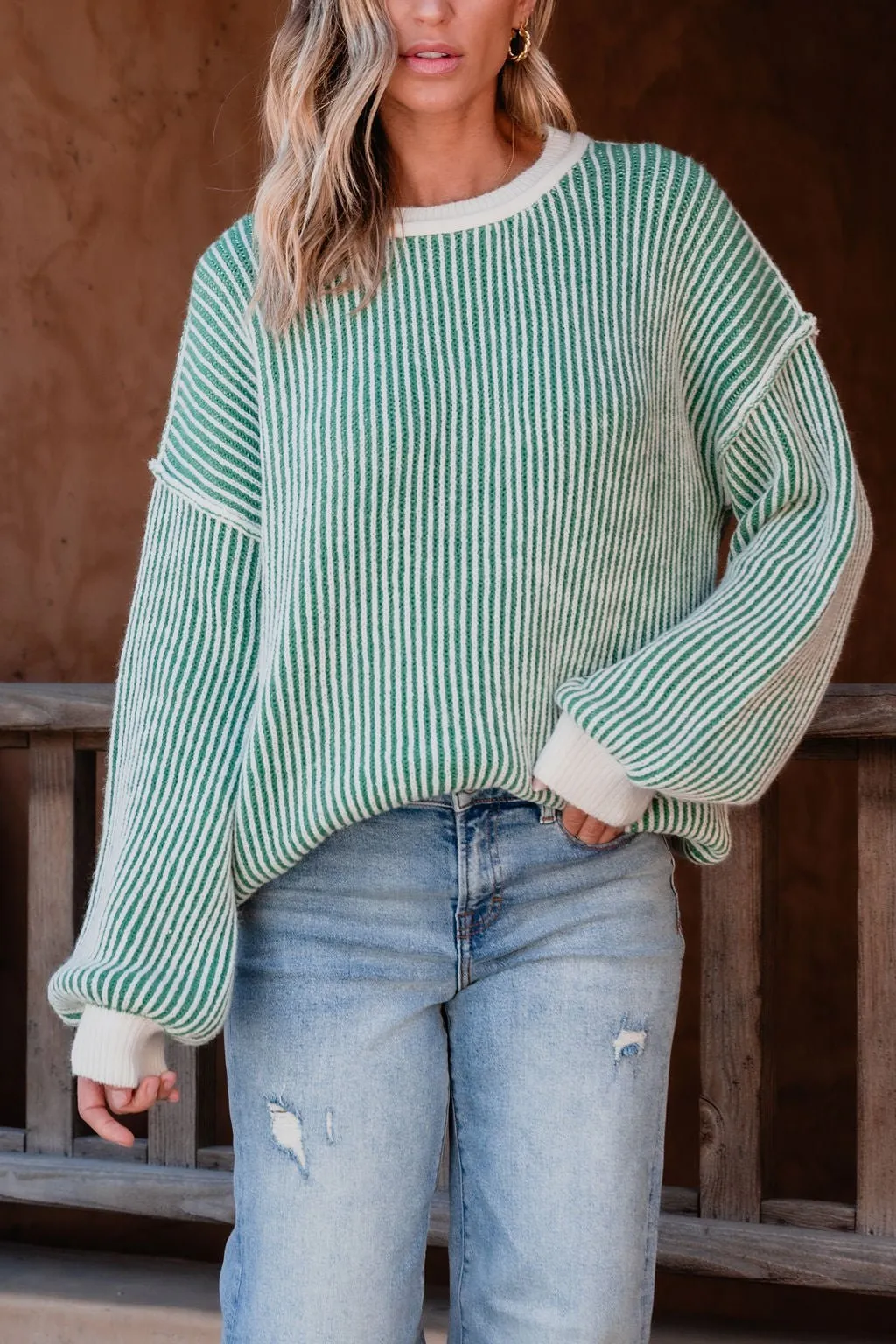 Green Striped Seam Detail Sweater