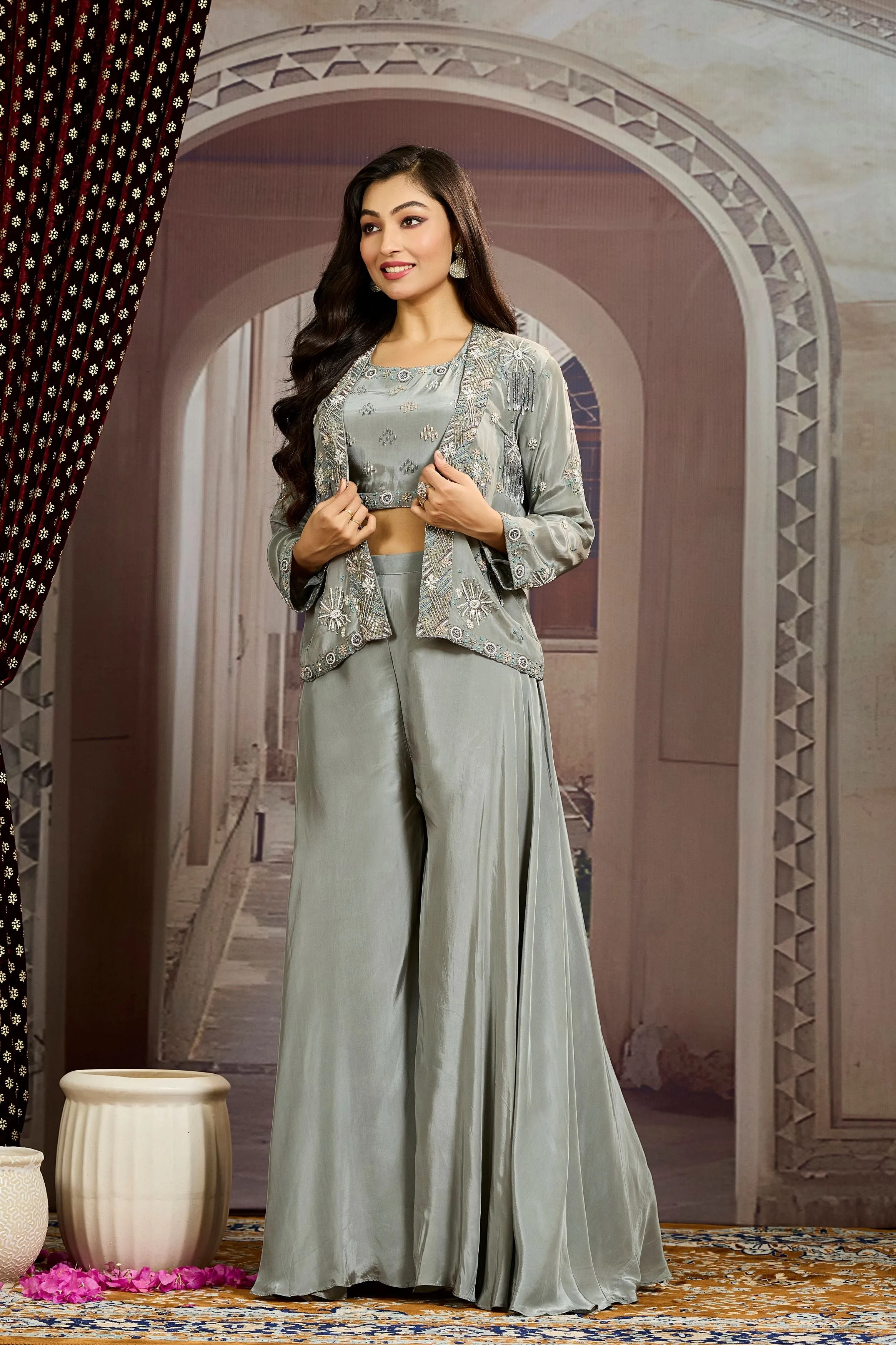 Grey Embellished Chinon Silk Jacket Sharara Set