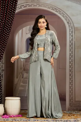 Grey Embellished Chinon Silk Jacket Sharara Set