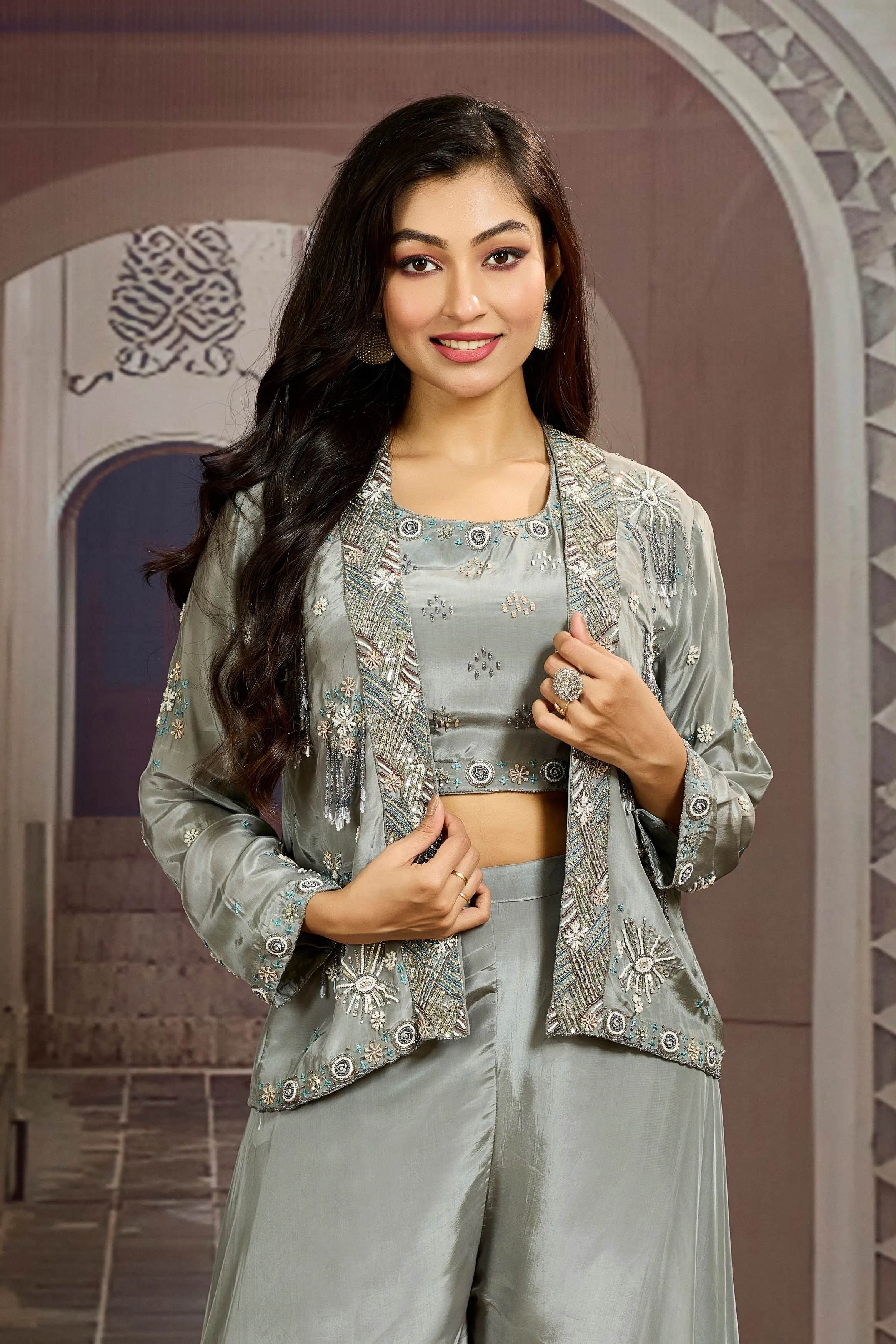 Grey Embellished Chinon Silk Jacket Sharara Set