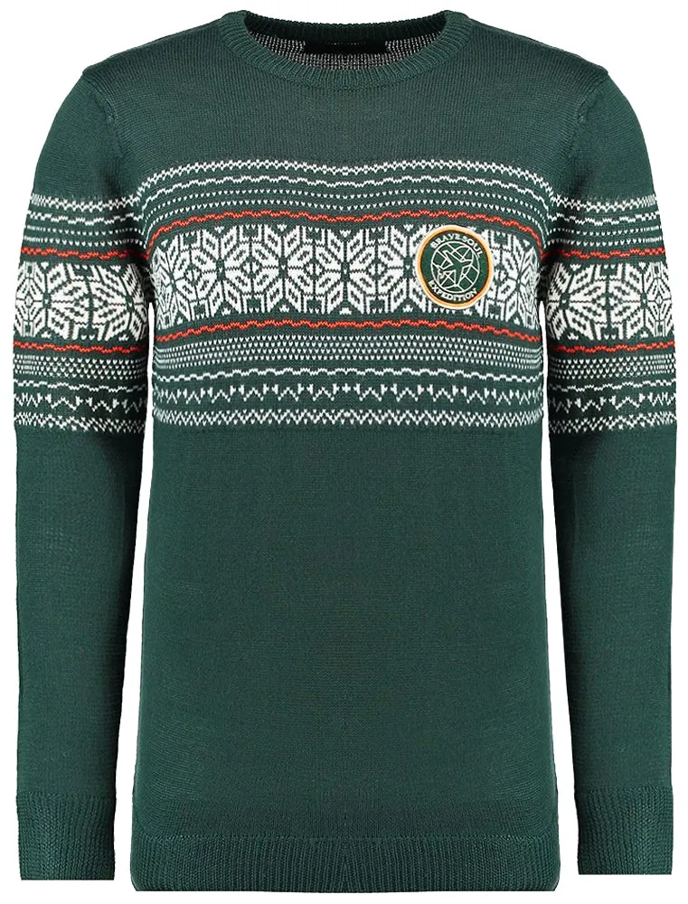 Kyle Crew Neck Knitted Jumper with Fairisle Panel in Fern Green