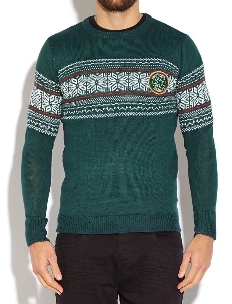 Kyle Crew Neck Knitted Jumper with Fairisle Panel in Fern Green