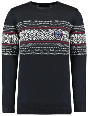 Kyle Crew Neck Knitted Jumper with Fairisle Panel in Navy