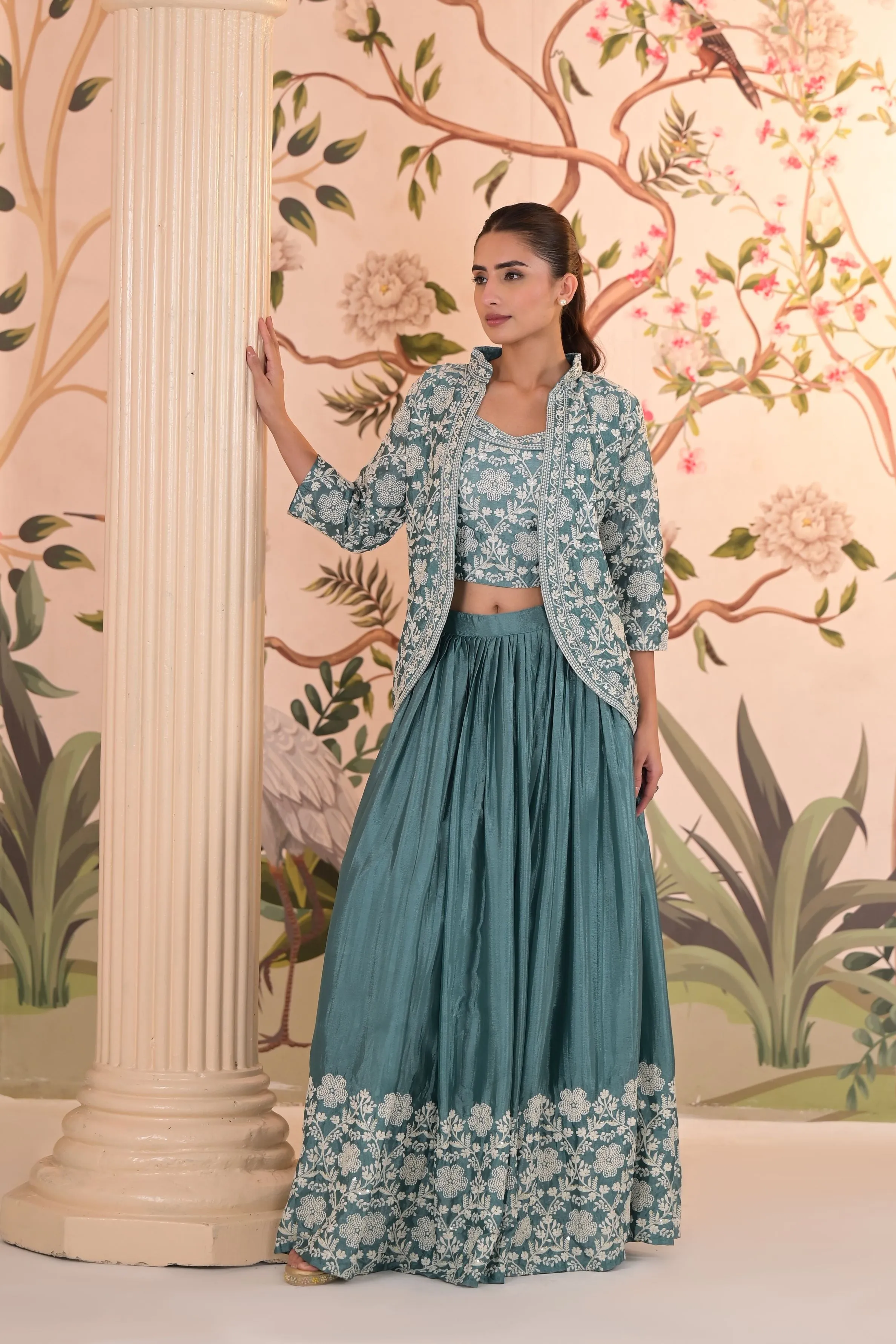 Light Teal Embroidered Premium Silk Jacket Skirt Set