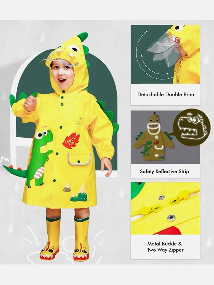 Little Surprise Box Bright Yellow 3d Dino Theme Raincoat for Kids