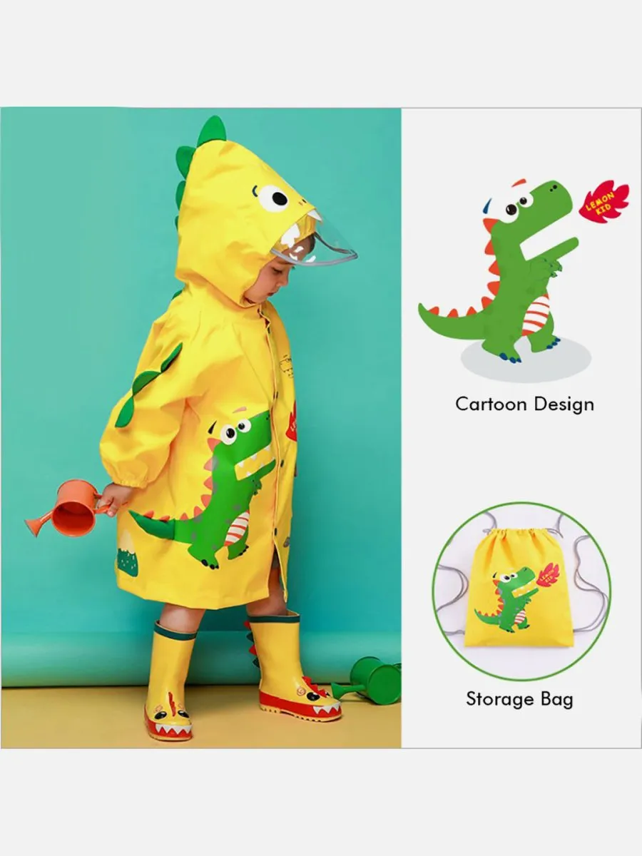 Little Surprise Box Bright Yellow 3d Dino Theme Raincoat for Kids