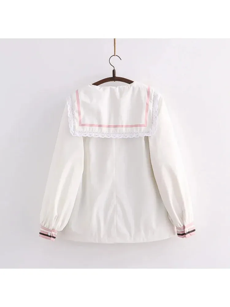 Metaversmall Harajuku Rabbit Embroidery Women Quilted Coats Winter Long Sleeve Sailor Collar Bow Ladies Cotton Liner Jackets Outwears