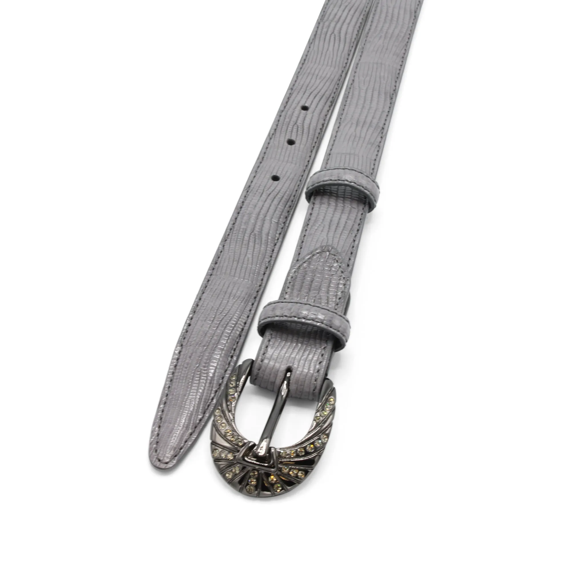 Mid Grey Lizard Texture Skinny Crystal Prong Belt