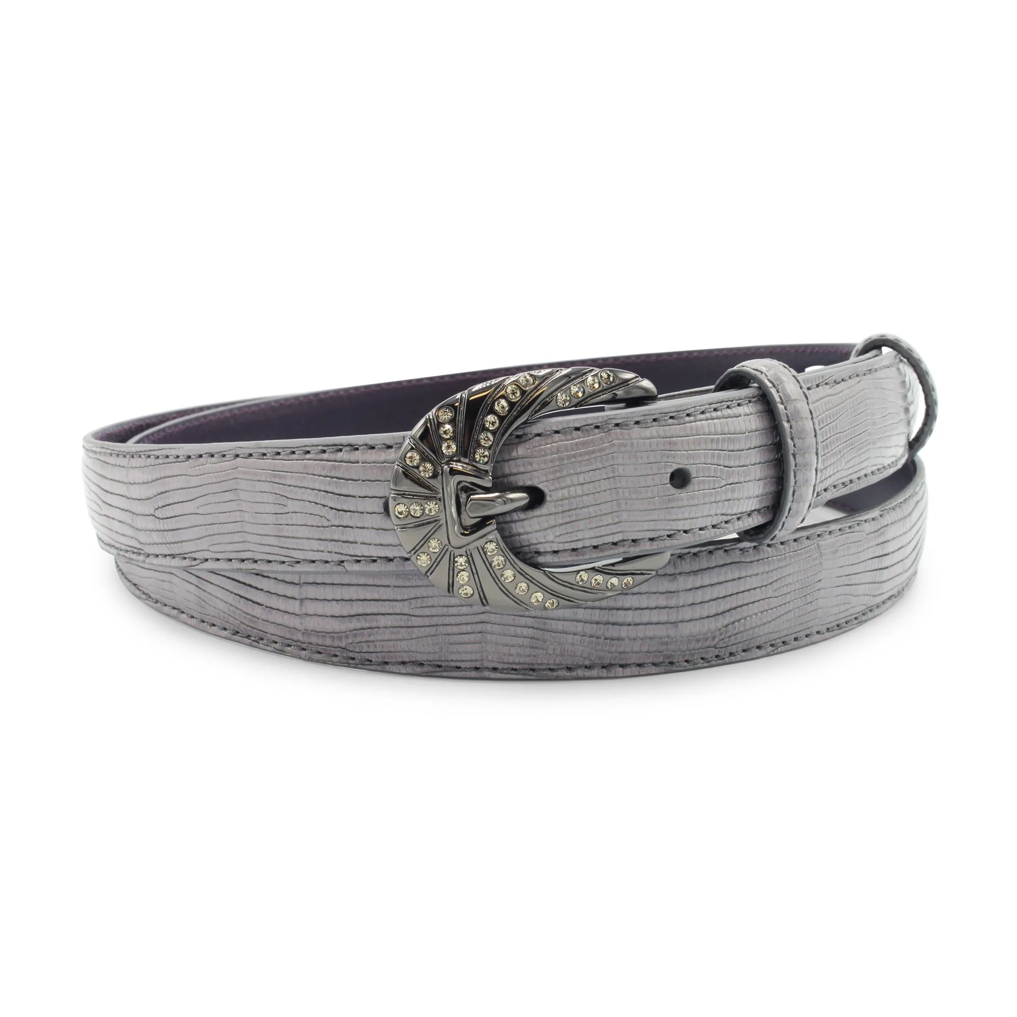 Mid Grey Lizard Texture Skinny Crystal Prong Belt