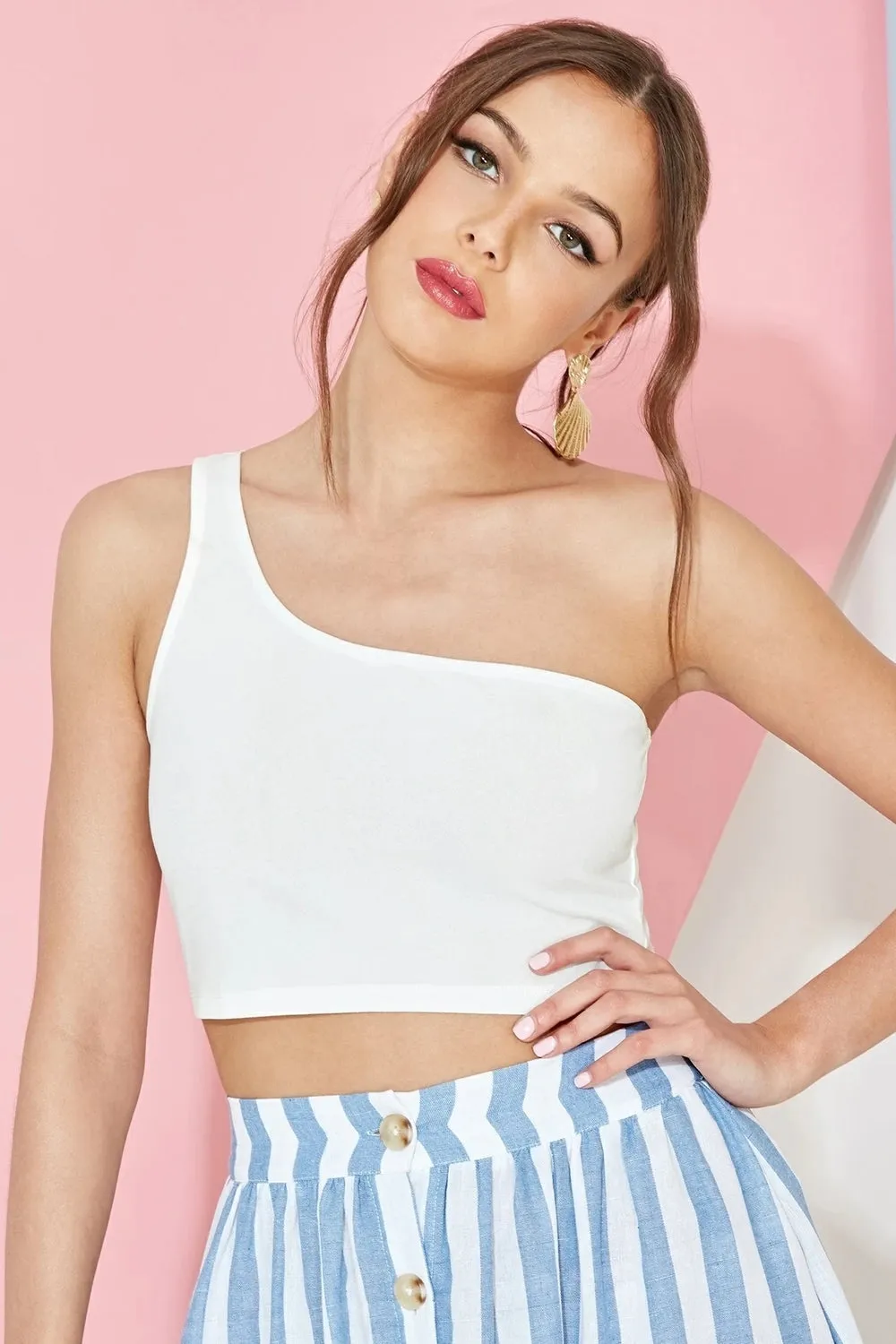 One Shoulder Sleeveless Crop Top White