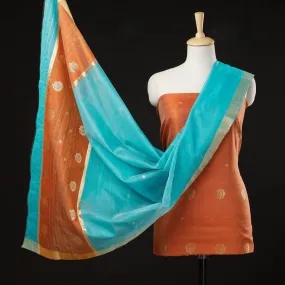 Orange - 3pc Chanderi Silk Handloom Flower Zari Buti Suit Material Set