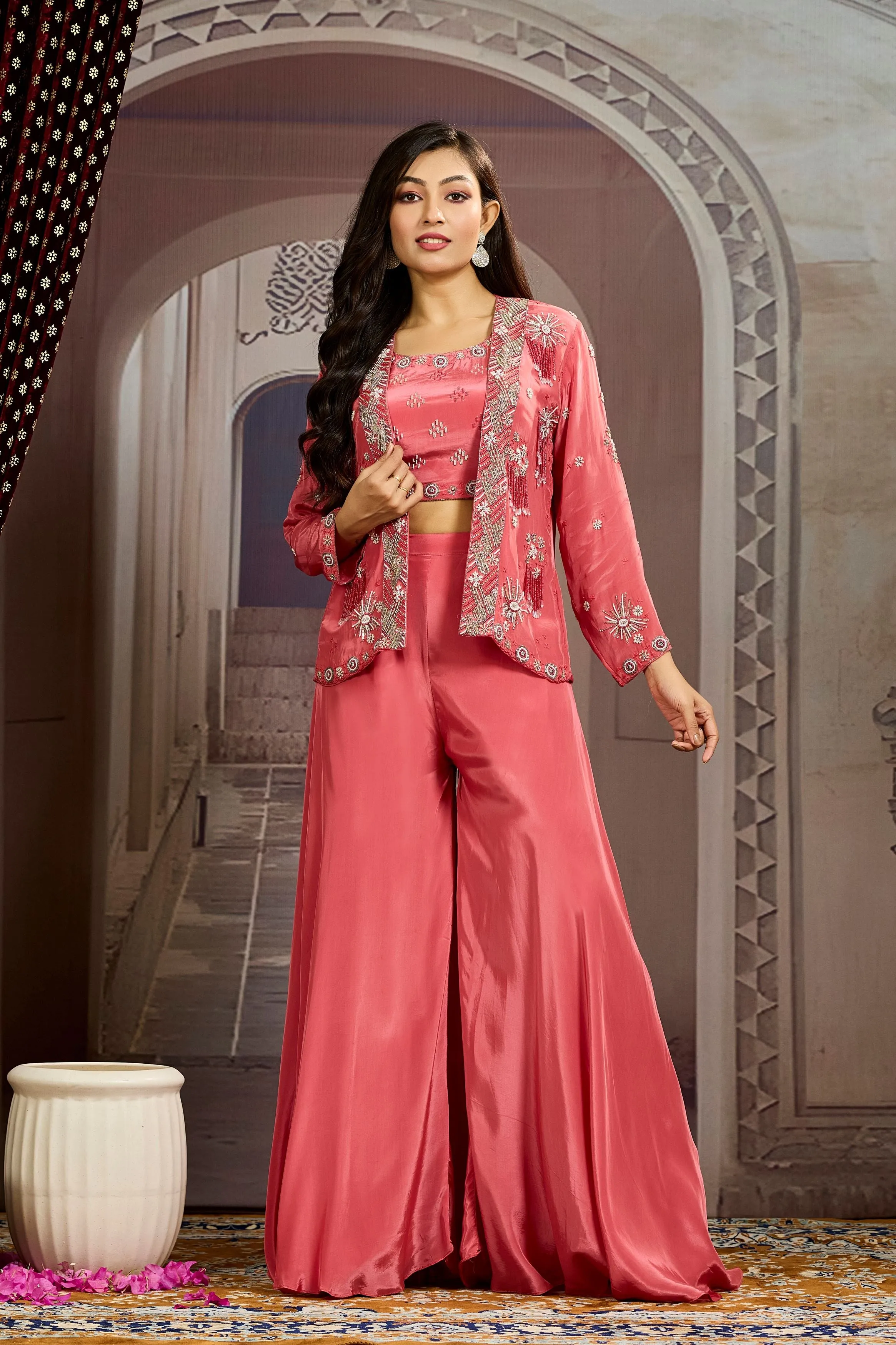 Peach Embellished Chinon Silk Jacket Sharara Set