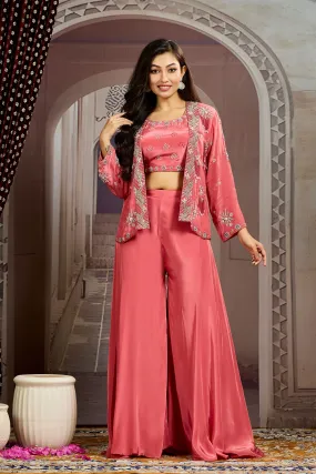 Peach Embellished Chinon Silk Jacket Sharara Set