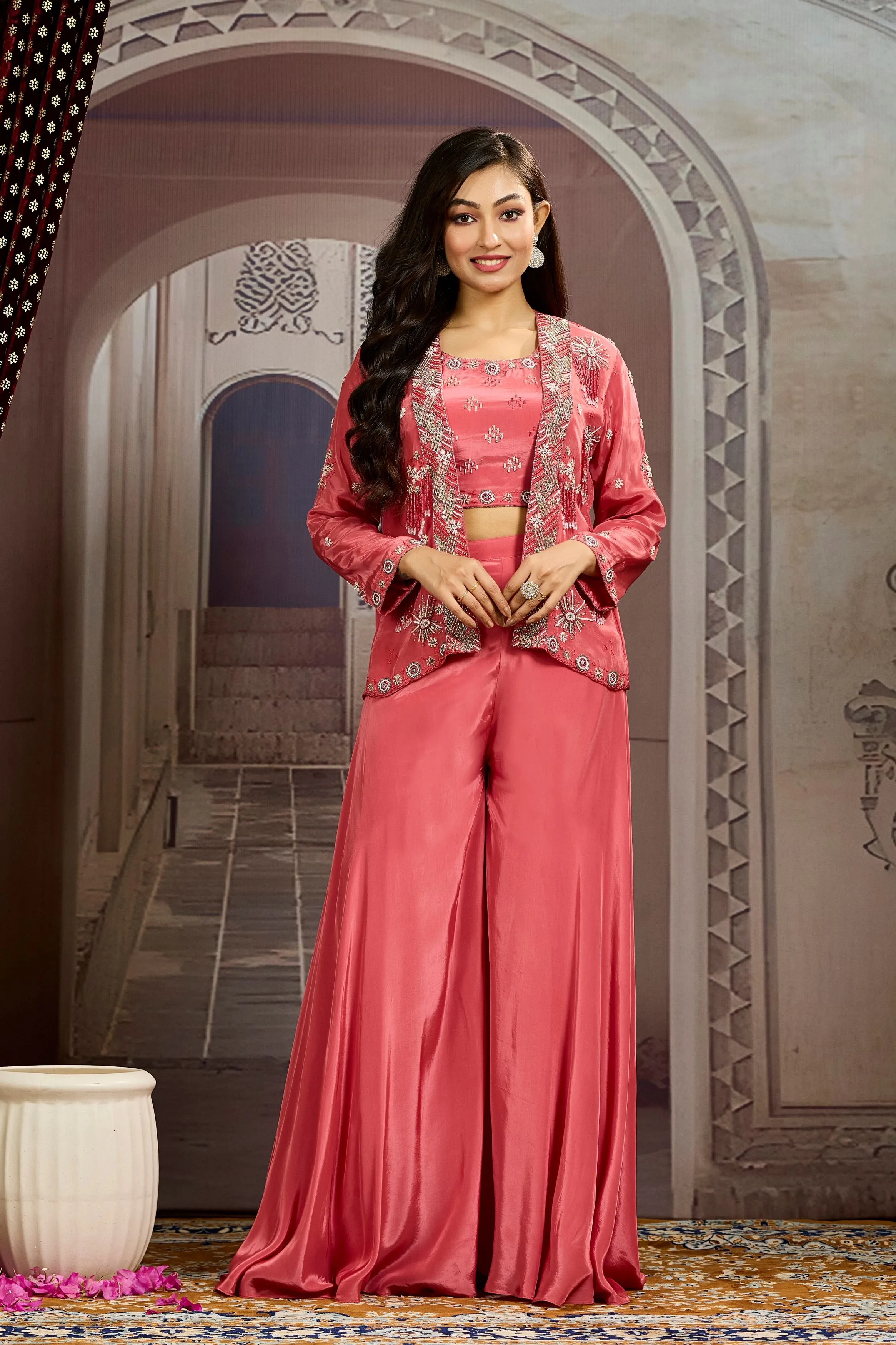 Peach Embellished Chinon Silk Jacket Sharara Set