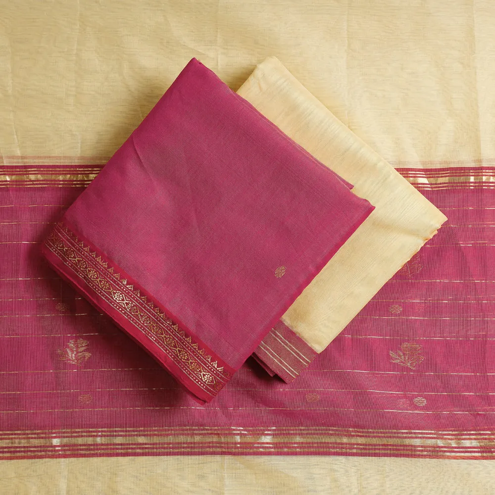 Pink - 3pc Chanderi Silk Handloom Zari Buti Suit Material Set with Nakshi Zari Border