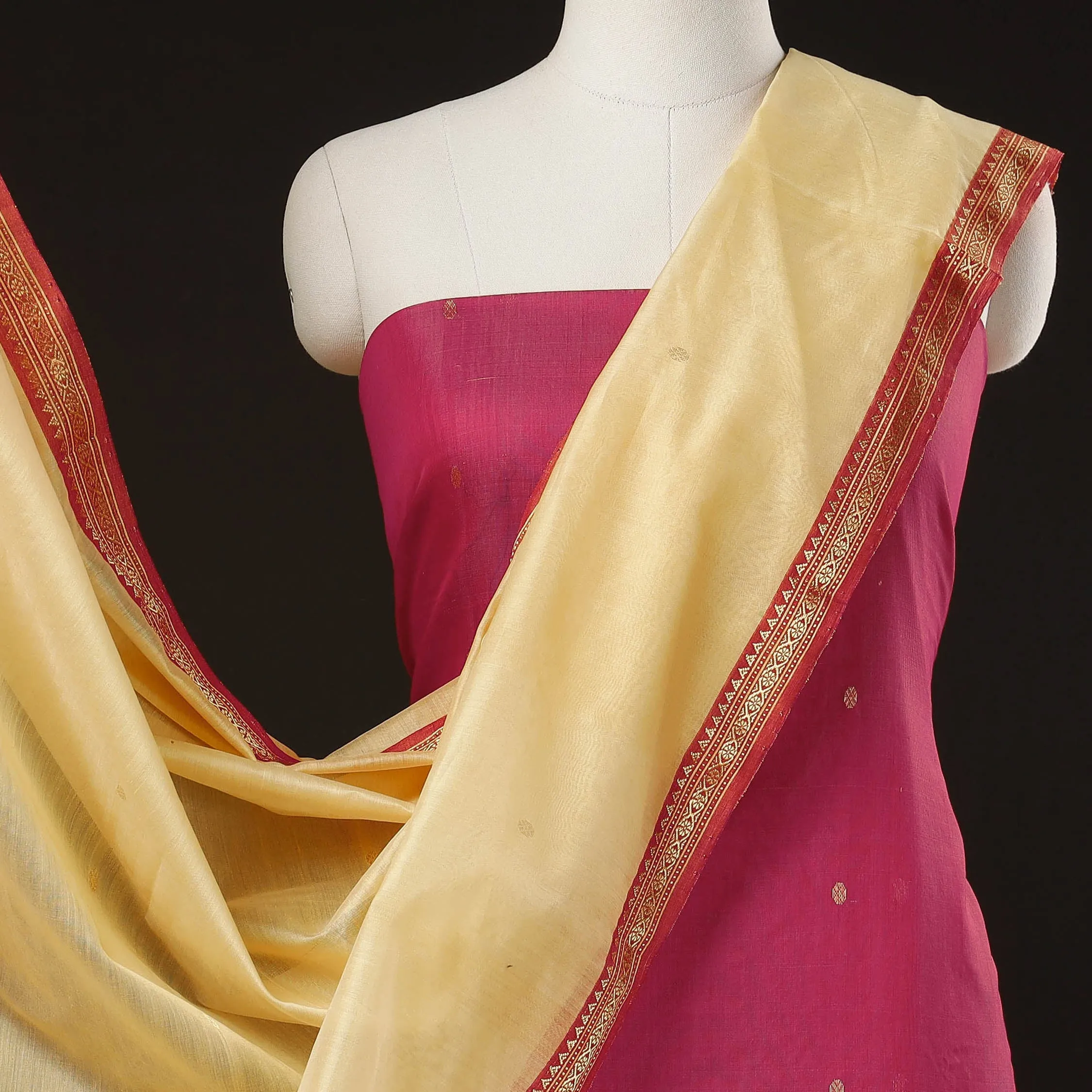 Pink - 3pc Chanderi Silk Handloom Zari Buti Suit Material Set with Nakshi Zari Border