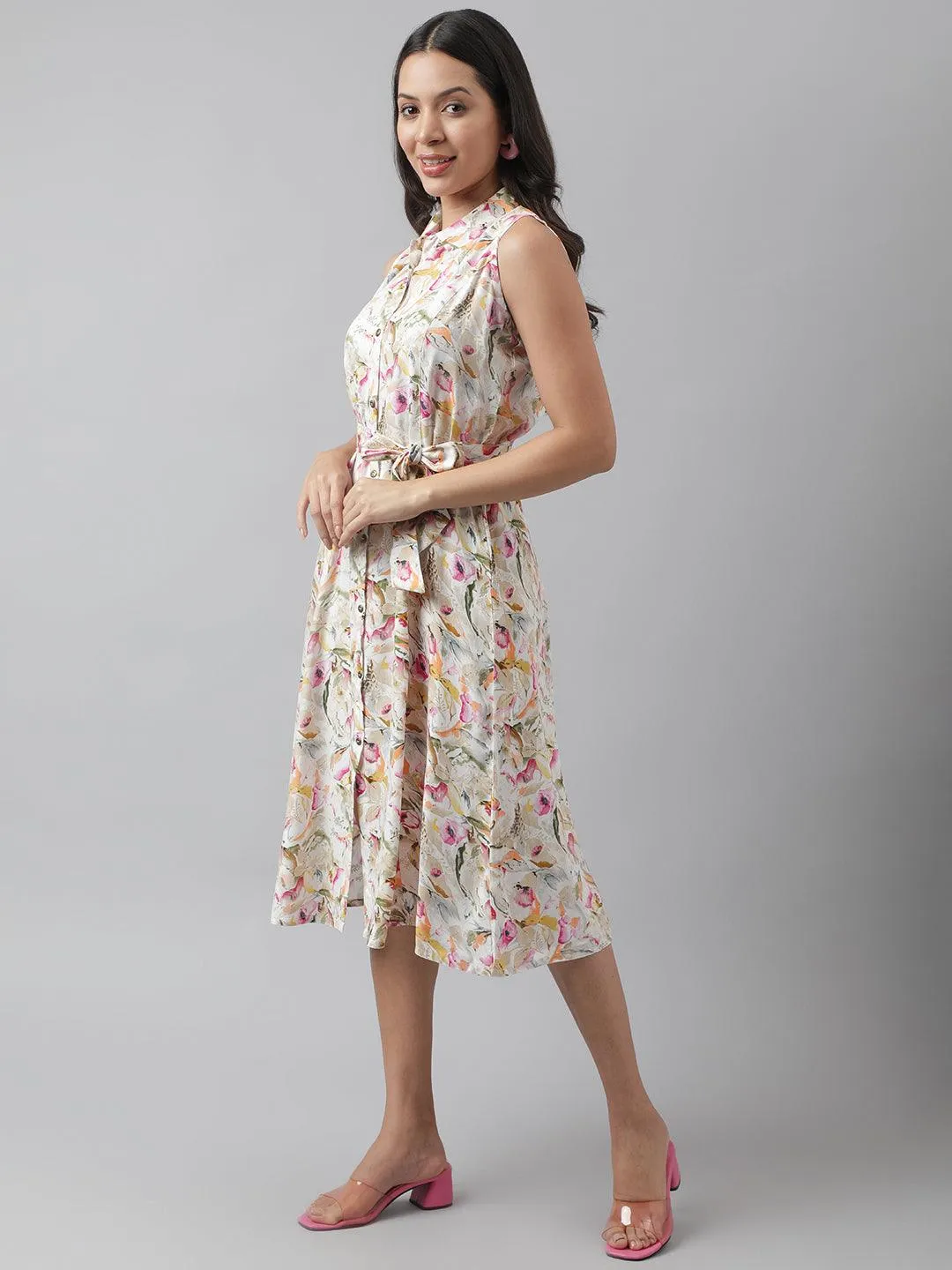 Rayon Cream A-Line Floral Printed Midi Dress