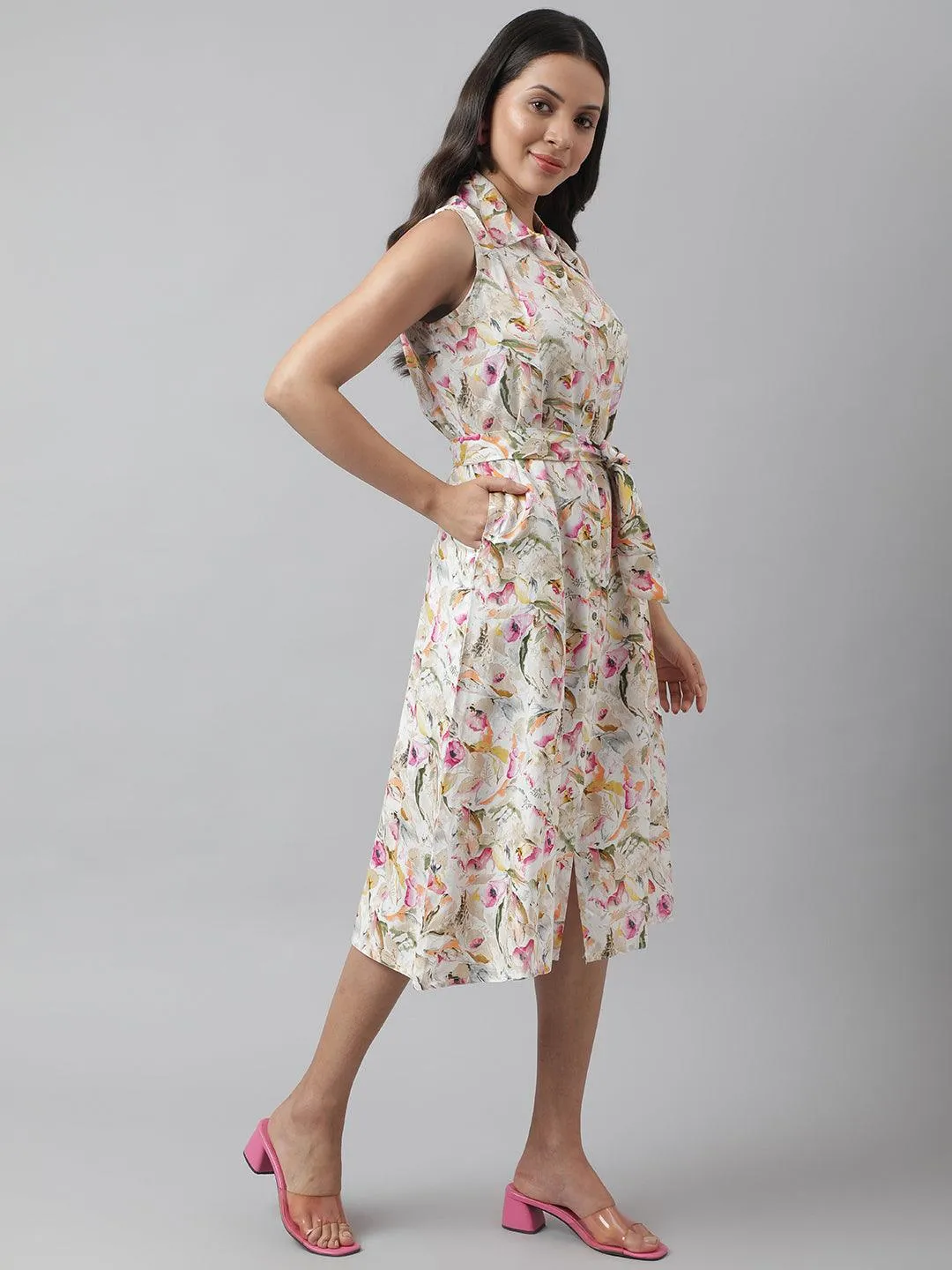 Rayon Cream A-Line Floral Printed Midi Dress