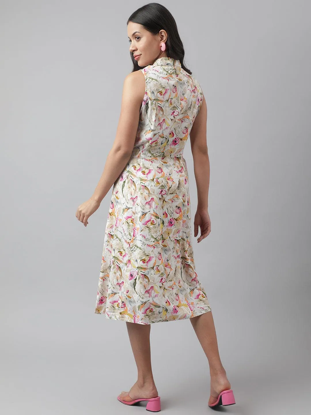 Rayon Cream A-Line Floral Printed Midi Dress