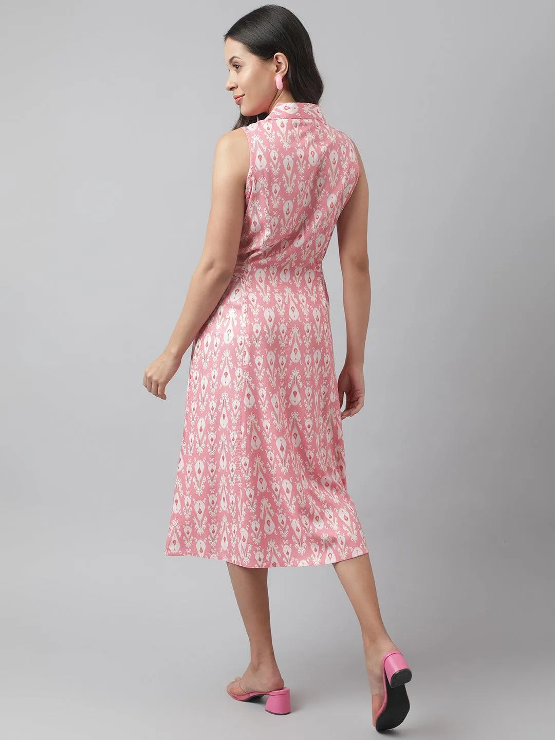 Rayon Light Pink A-Line Floral Printed Midi Dress