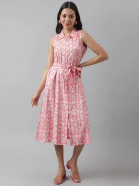 Rayon Light Pink A-Line Floral Printed Midi Dress