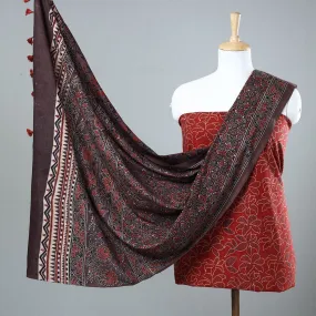 Red - 3pc Ajrakh Block Printed Cotton Suit Material Set