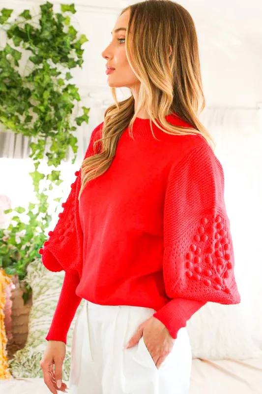 Red Textured Long Puff Sleeve Sweater Top