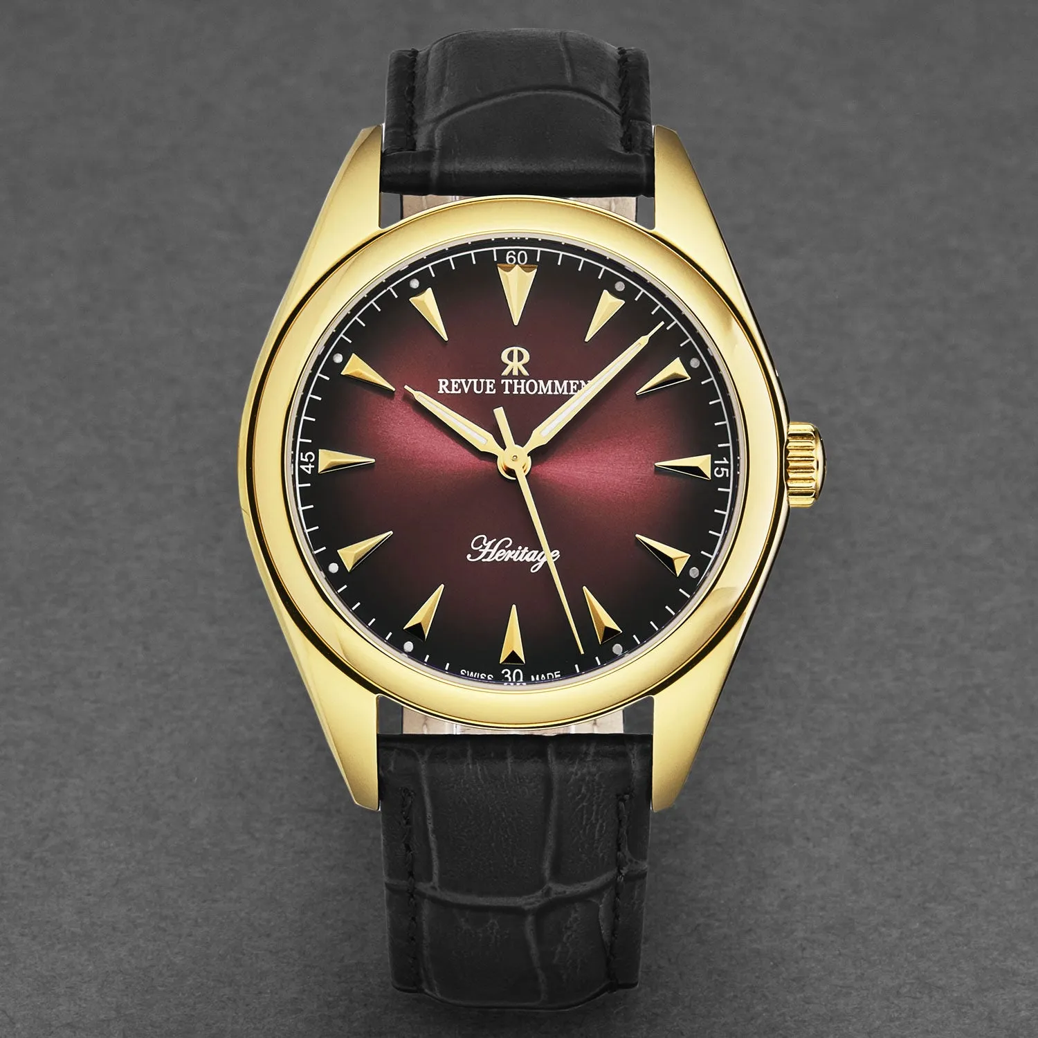 Revue Thommen Men's 'Heritage' Burgundy Dial Black Leather Strap Automatic Watch 21010.2516