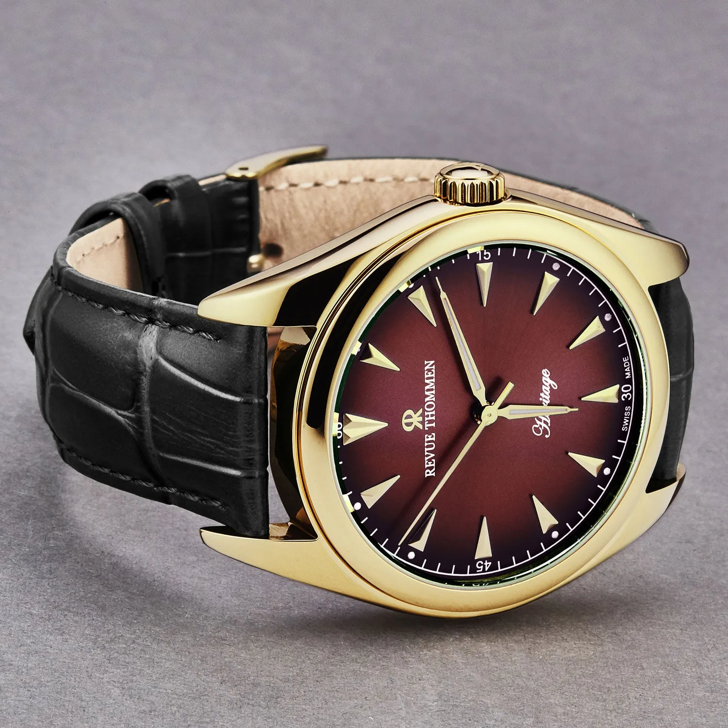 Revue Thommen Men's 'Heritage' Burgundy Dial Black Leather Strap Automatic Watch 21010.2516