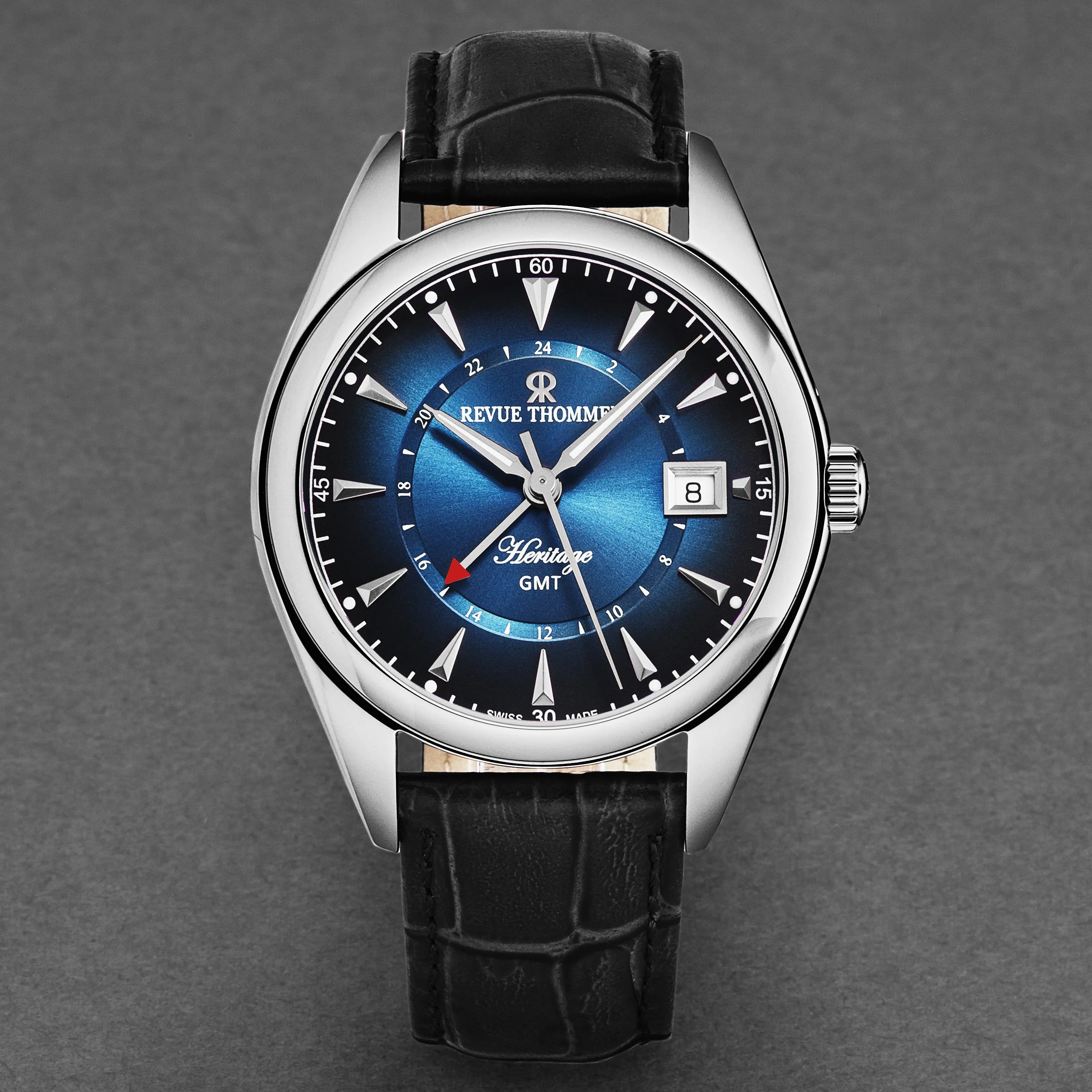 Revue Thommen Men's 'Heritage' GMT Blue Dial Black Leather Strap Swiss Automatic Watch 21010.2435