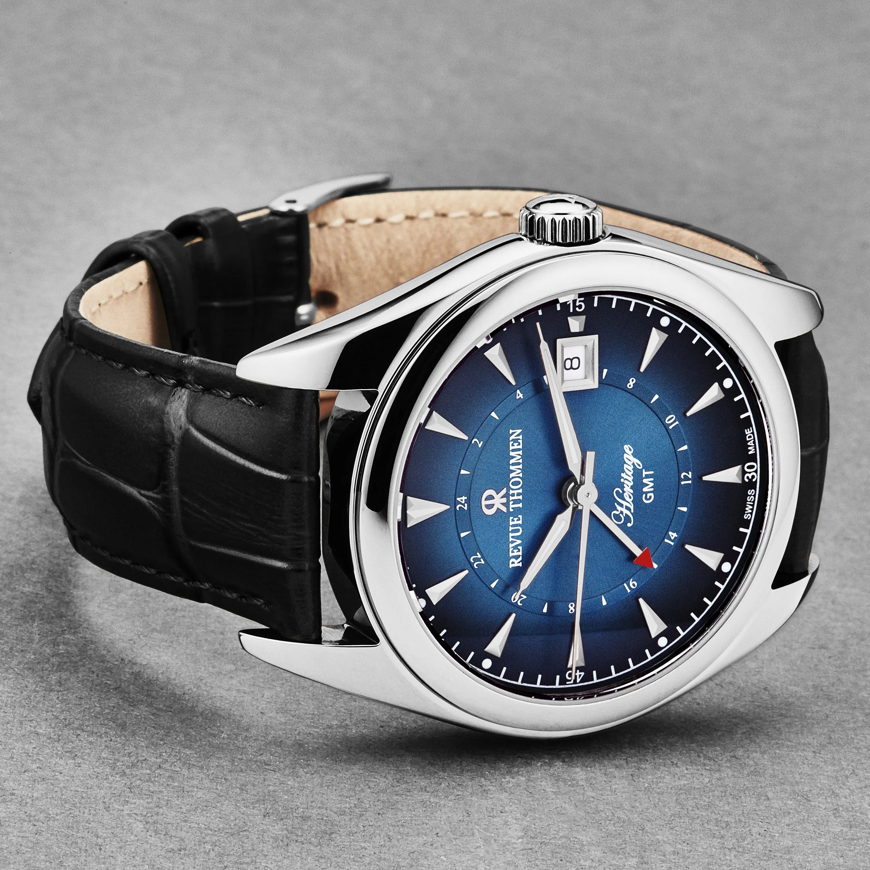 Revue Thommen Men's 'Heritage' GMT Blue Dial Black Leather Strap Swiss Automatic Watch 21010.2435