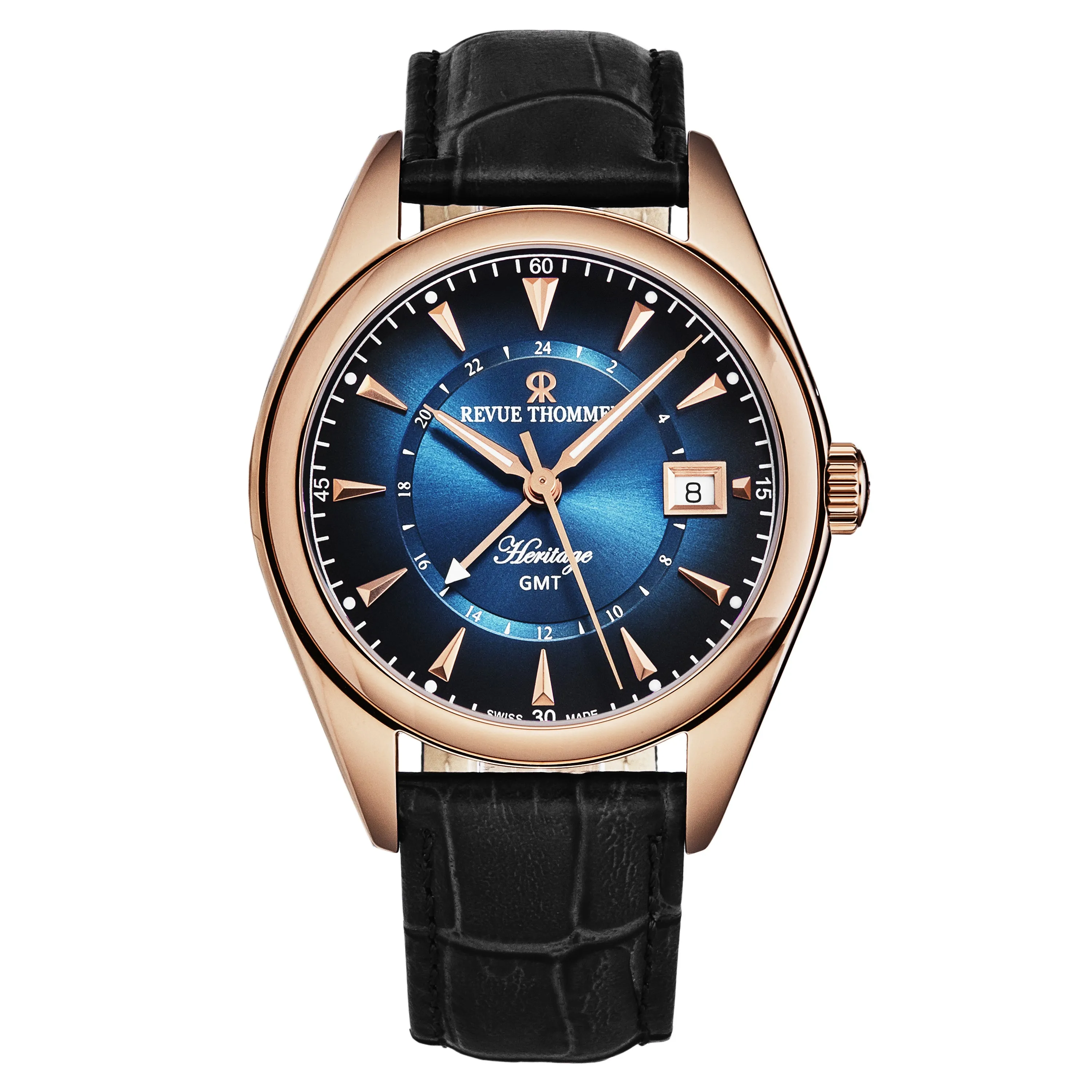 Revue Thommen Men's 'Heritage' GMT Blue Dial Black Leather Strap Swiss Automatic Watch 21010.2465