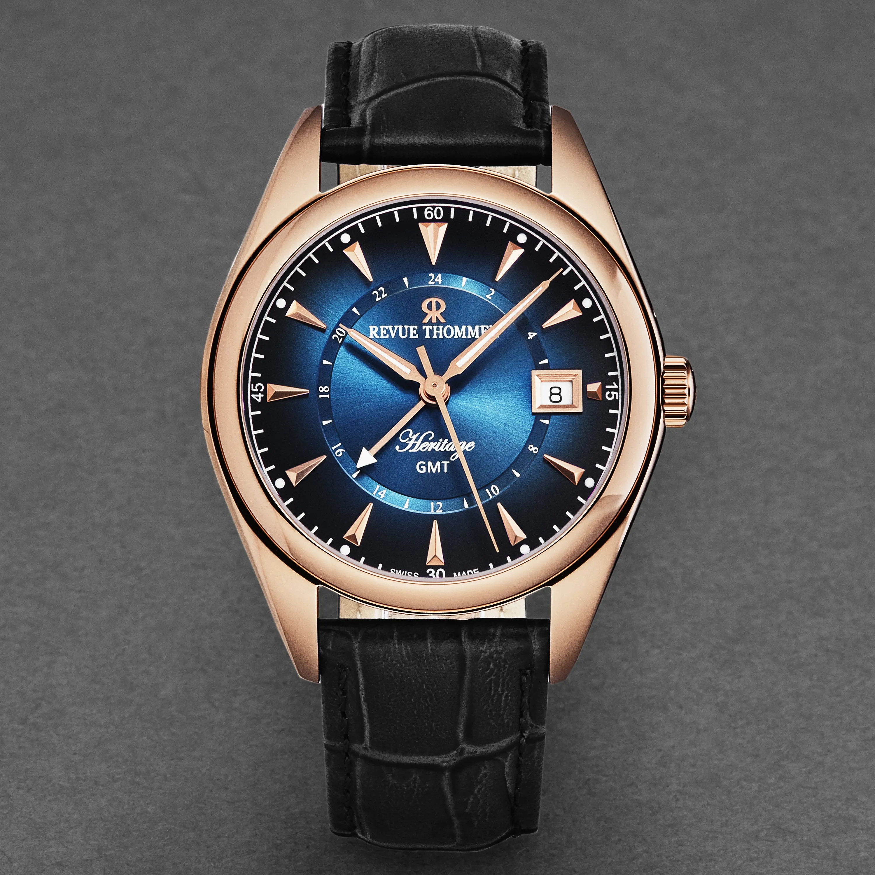 Revue Thommen Men's 'Heritage' GMT Blue Dial Black Leather Strap Swiss Automatic Watch 21010.2465