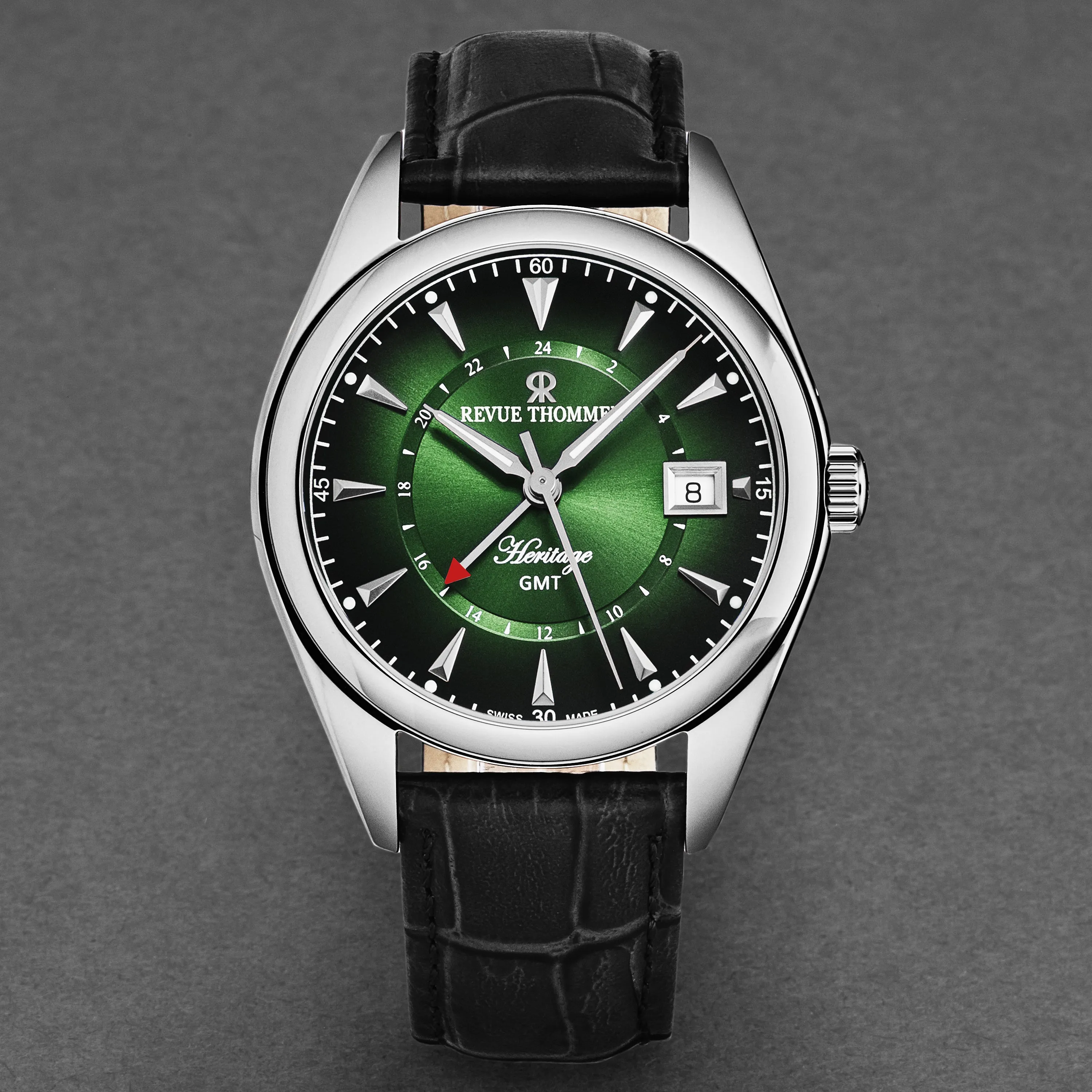 Revue Thommen Men's 'Heritage' GMT Green Dial Black Leather Strap Swiss Automatic Watch 21010.2434