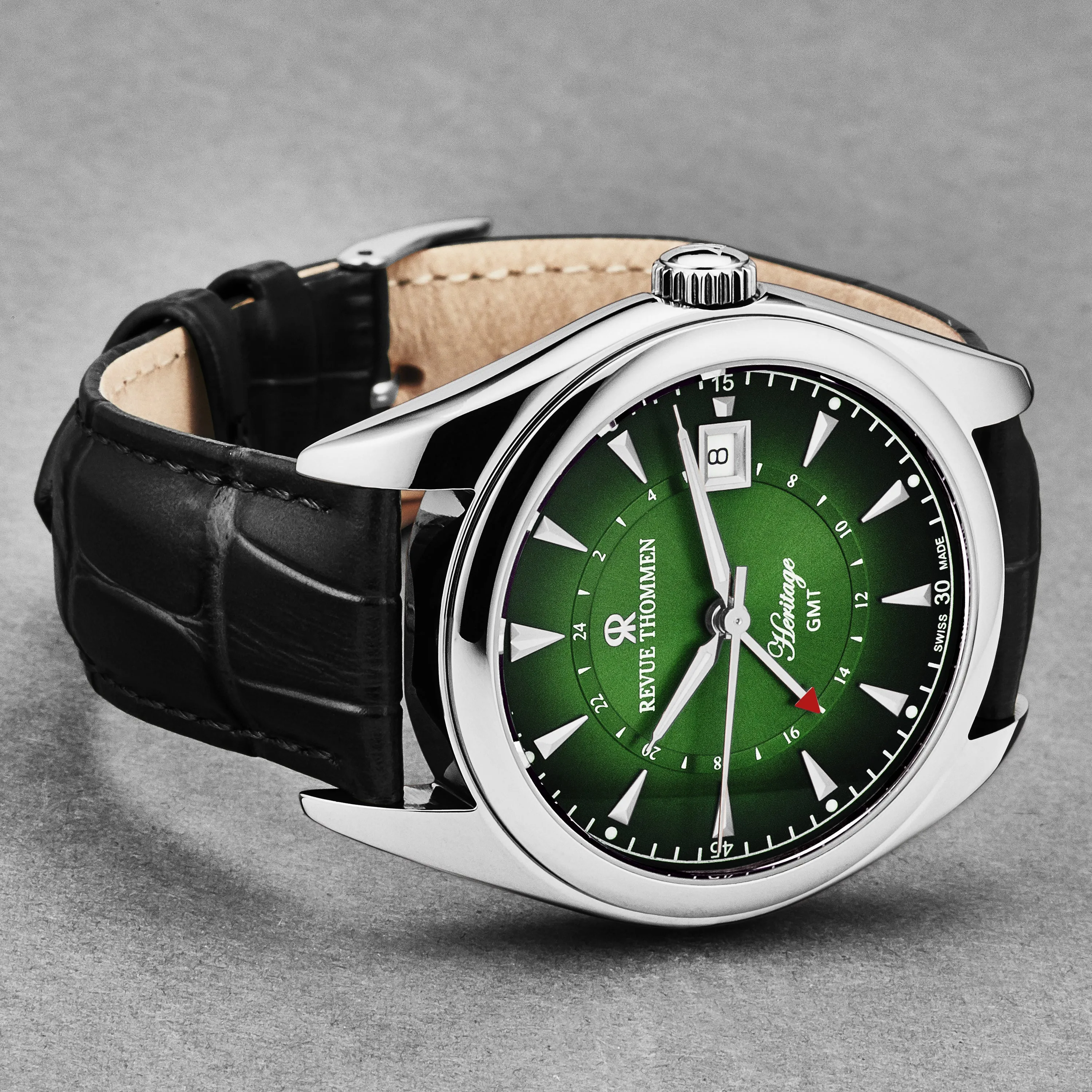 Revue Thommen Men's 'Heritage' GMT Green Dial Black Leather Strap Swiss Automatic Watch 21010.2434