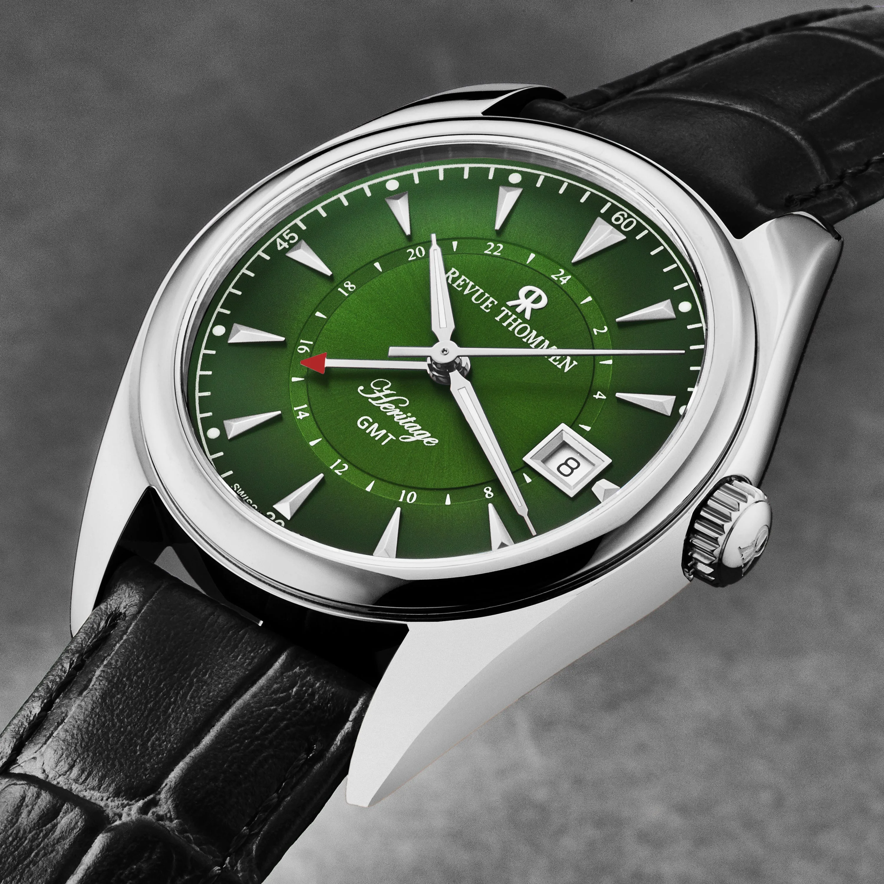 Revue Thommen Men's 'Heritage' GMT Green Dial Black Leather Strap Swiss Automatic Watch 21010.2434