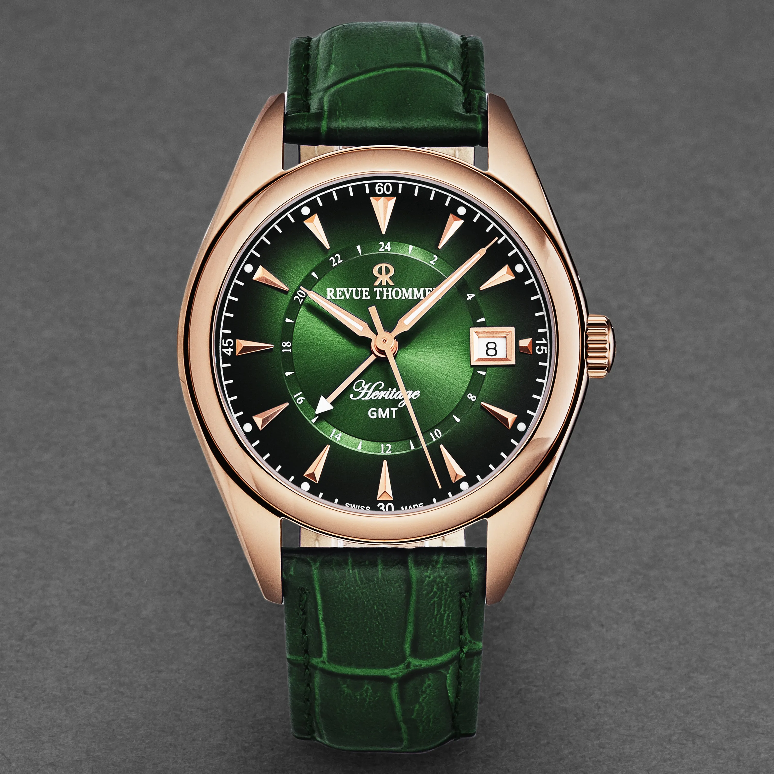 Revue Thommen Men's 'Heritage' GMT Green Dial Green Leather Strap Swiss Automatic Watch 21010.2464