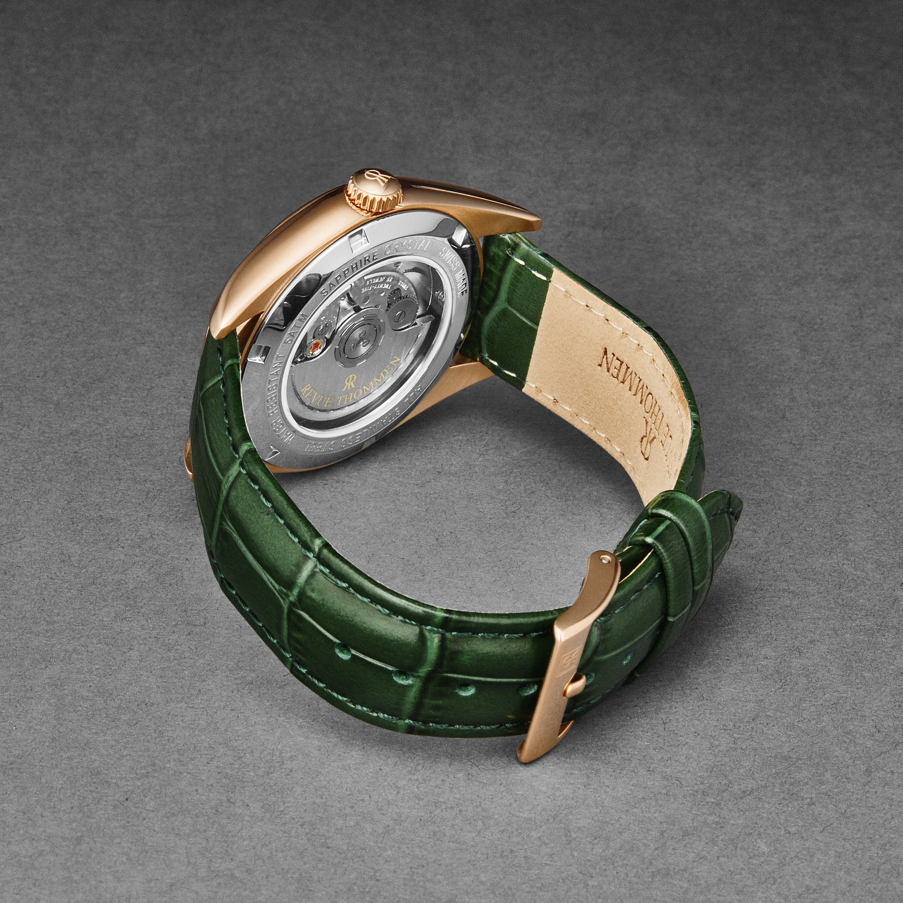 Revue Thommen Men's 'Heritage' GMT Green Dial Green Leather Strap Swiss Automatic Watch 21010.2464