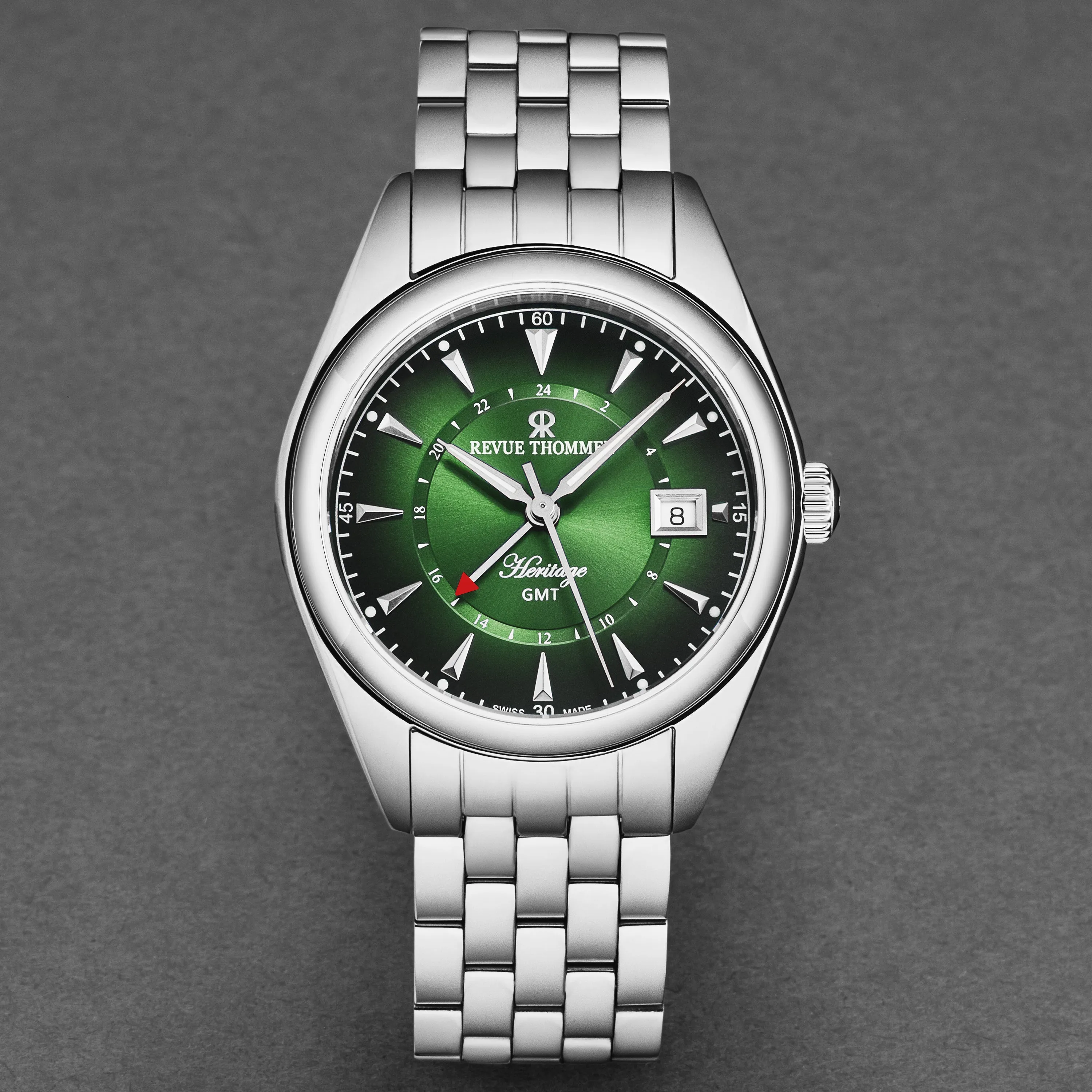 Revue Thommen Men's 'Heritage' GMT Green Dial Stainless Steel Bracelet Swiss Automatic Watch 21010.2334