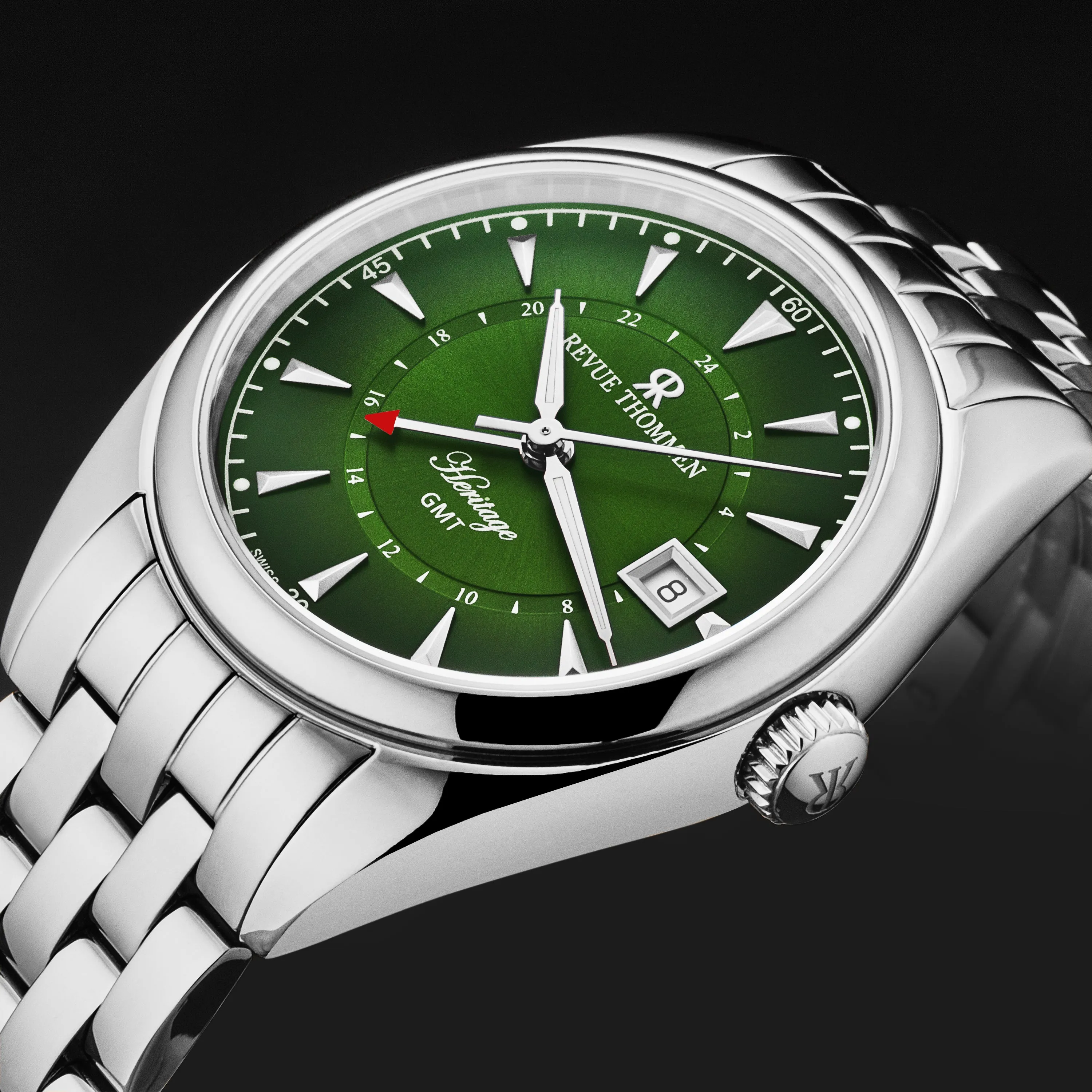 Revue Thommen Men's 'Heritage' GMT Green Dial Stainless Steel Bracelet Swiss Automatic Watch 21010.2334