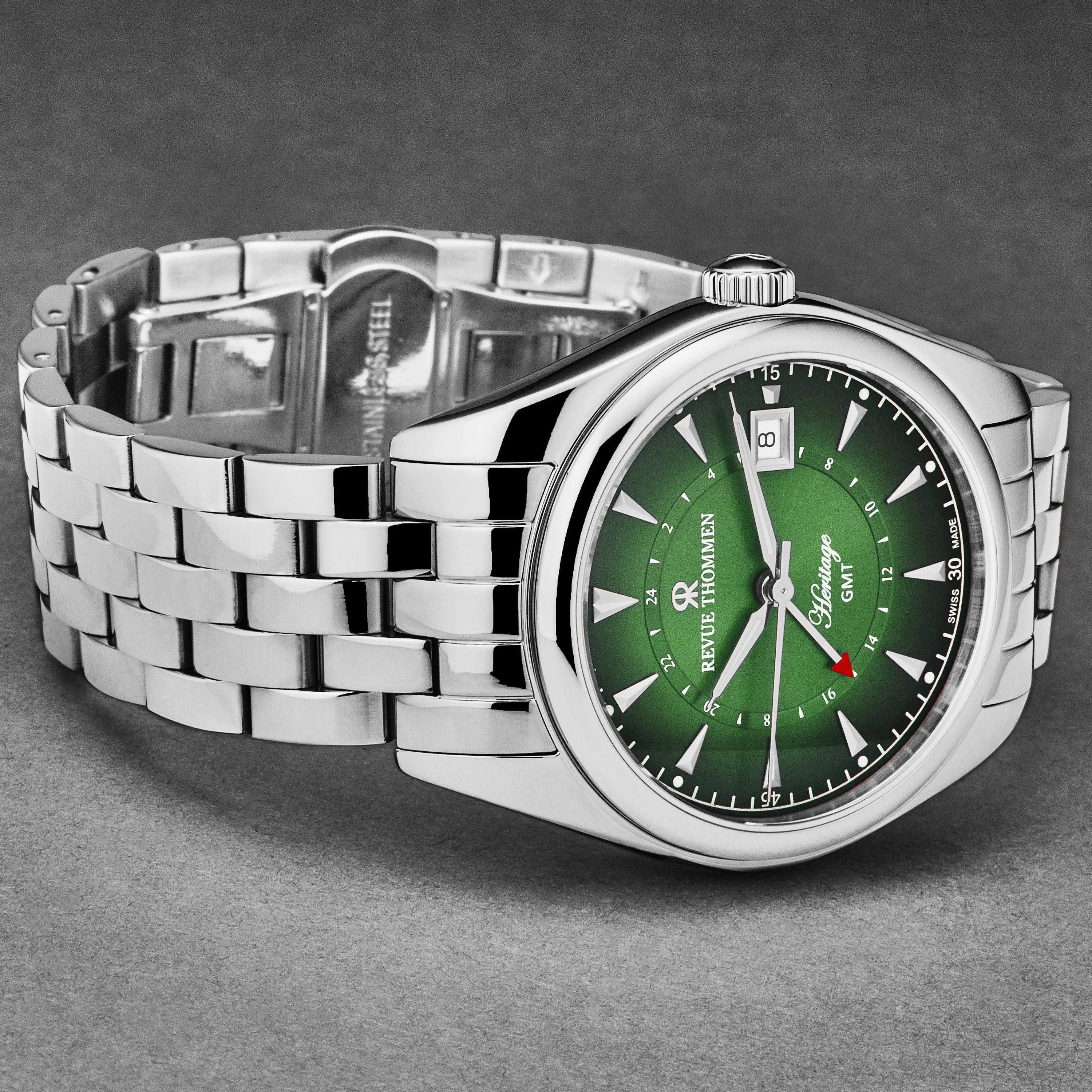 Revue Thommen Men's 'Heritage' GMT Green Dial Stainless Steel Bracelet Swiss Automatic Watch 21010.2334