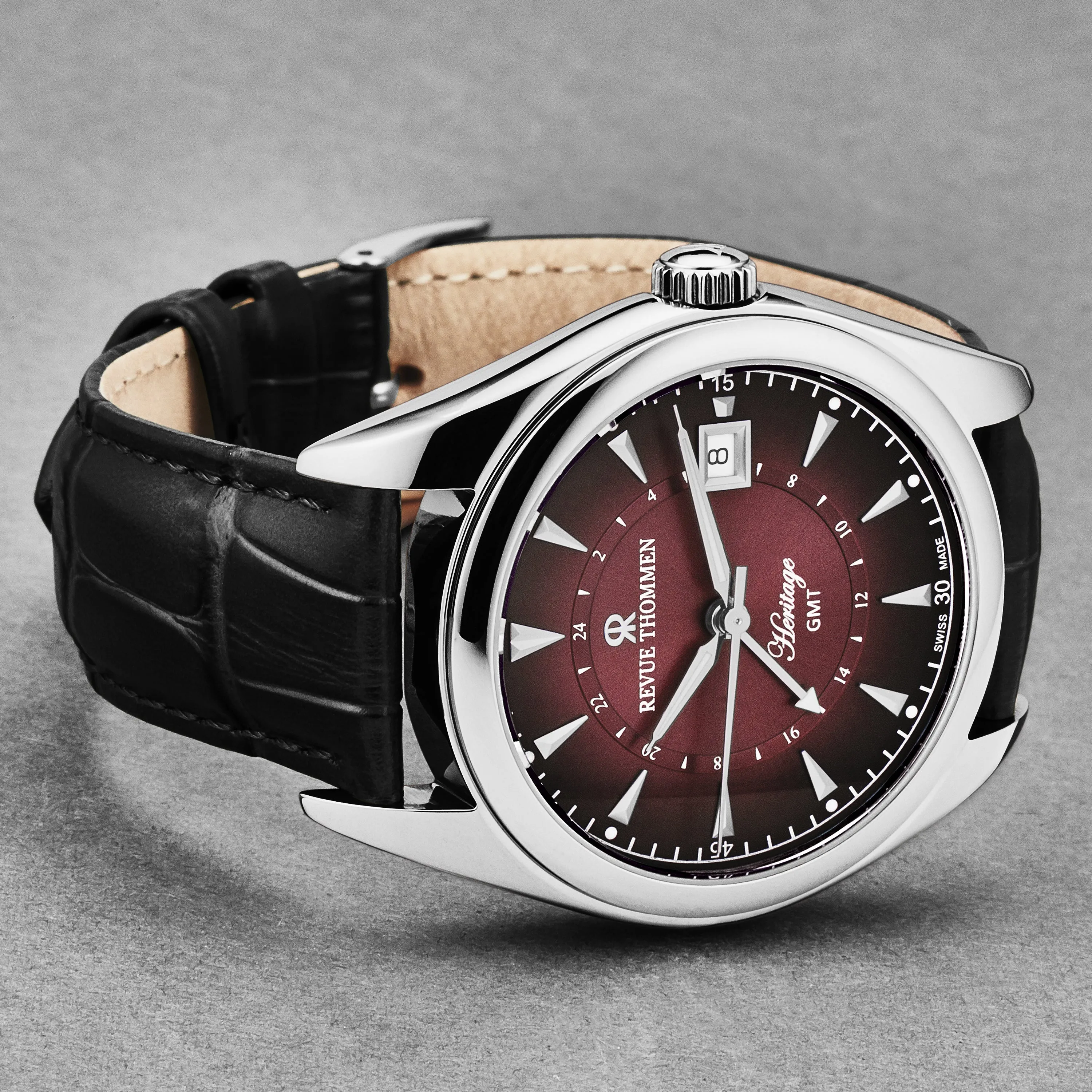 Revue Thommen Men's 'Heritage' GMT Purple Dial Black Leather Strap Swiss Automatic Watch 21010.2436