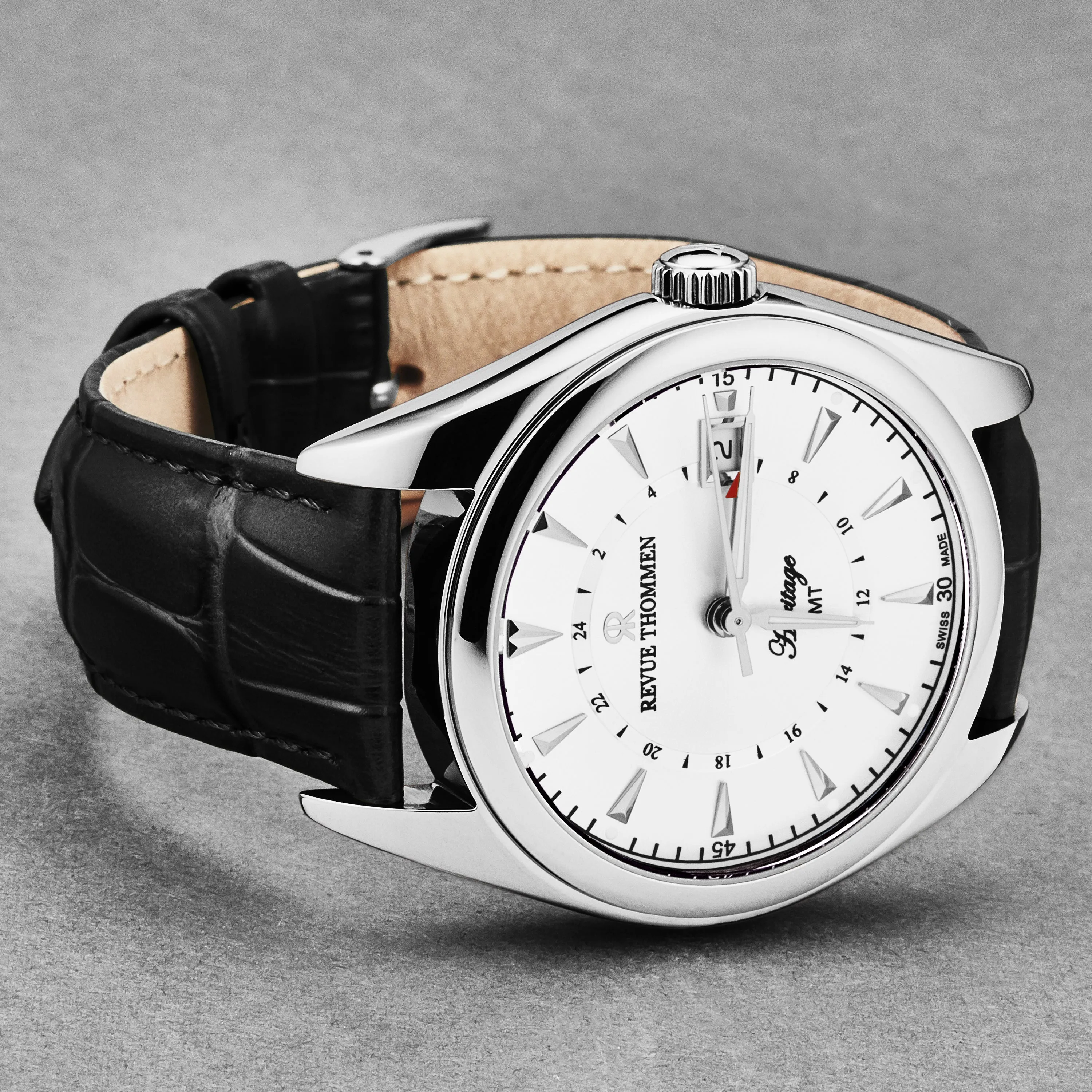 Revue Thommen Men's 'Heritage' GMT Silver Dial Black Leather Strap Swiss Automatic Watch 21010.2432