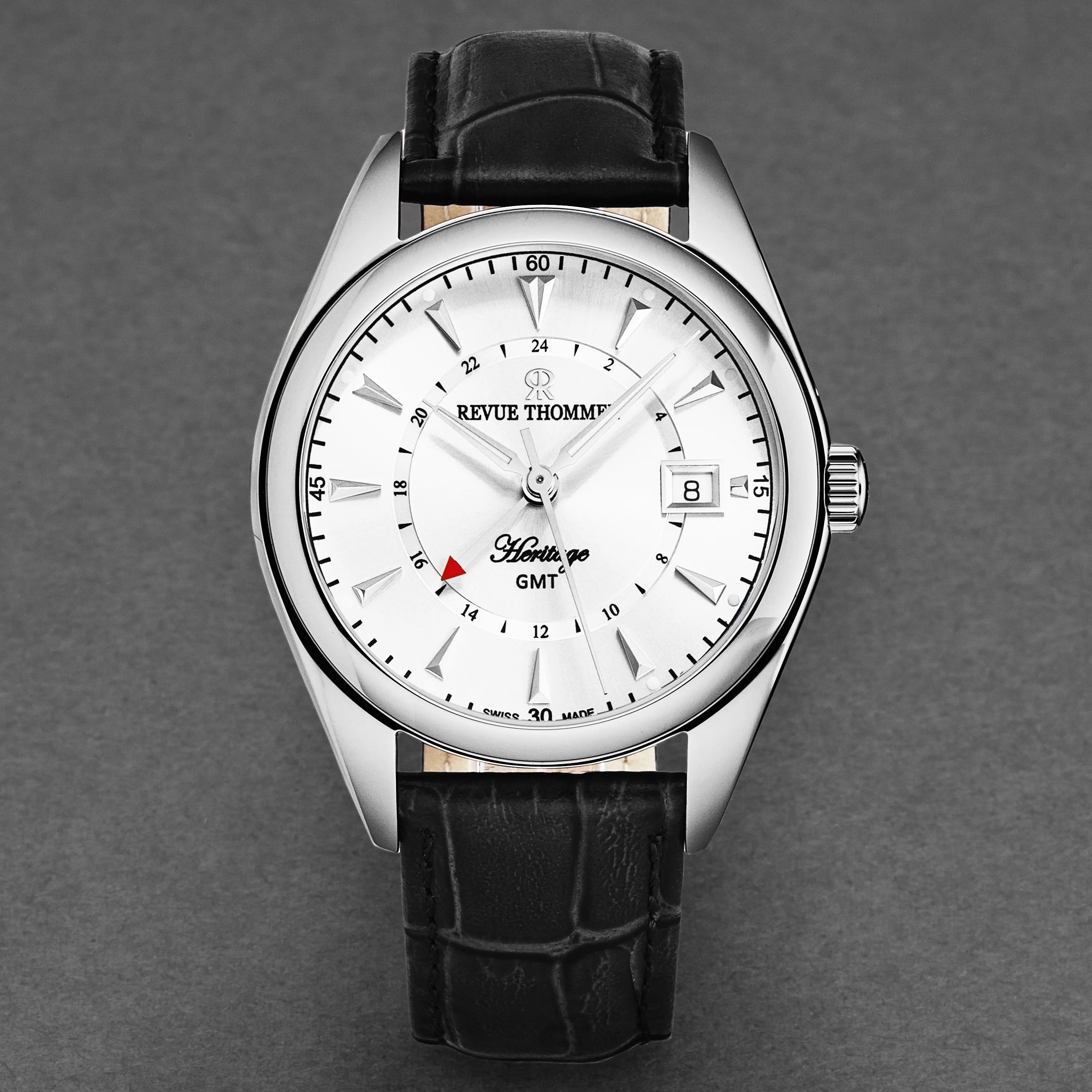 Revue Thommen Men's 'Heritage' GMT Silver Dial Black Leather Strap Swiss Automatic Watch 21010.2432