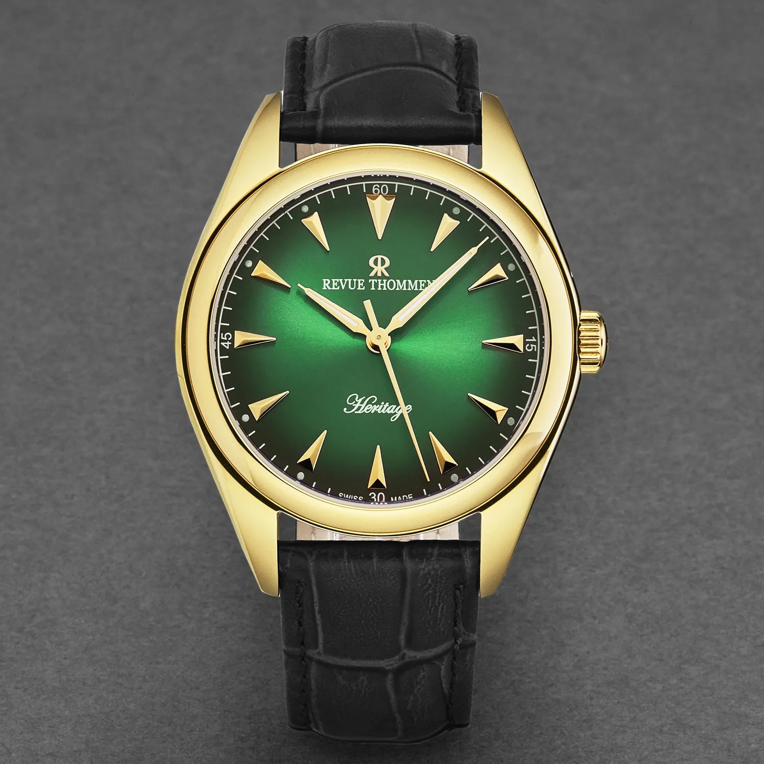 Revue Thommen Men's 'Heritage' Green Dial Black Leather Strap Automatic Watch 21010.2514