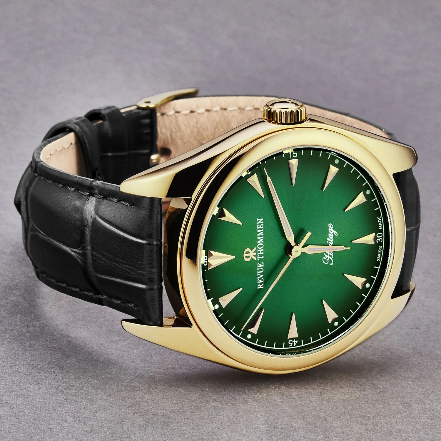 Revue Thommen Men's 'Heritage' Green Dial Black Leather Strap Automatic Watch 21010.2514